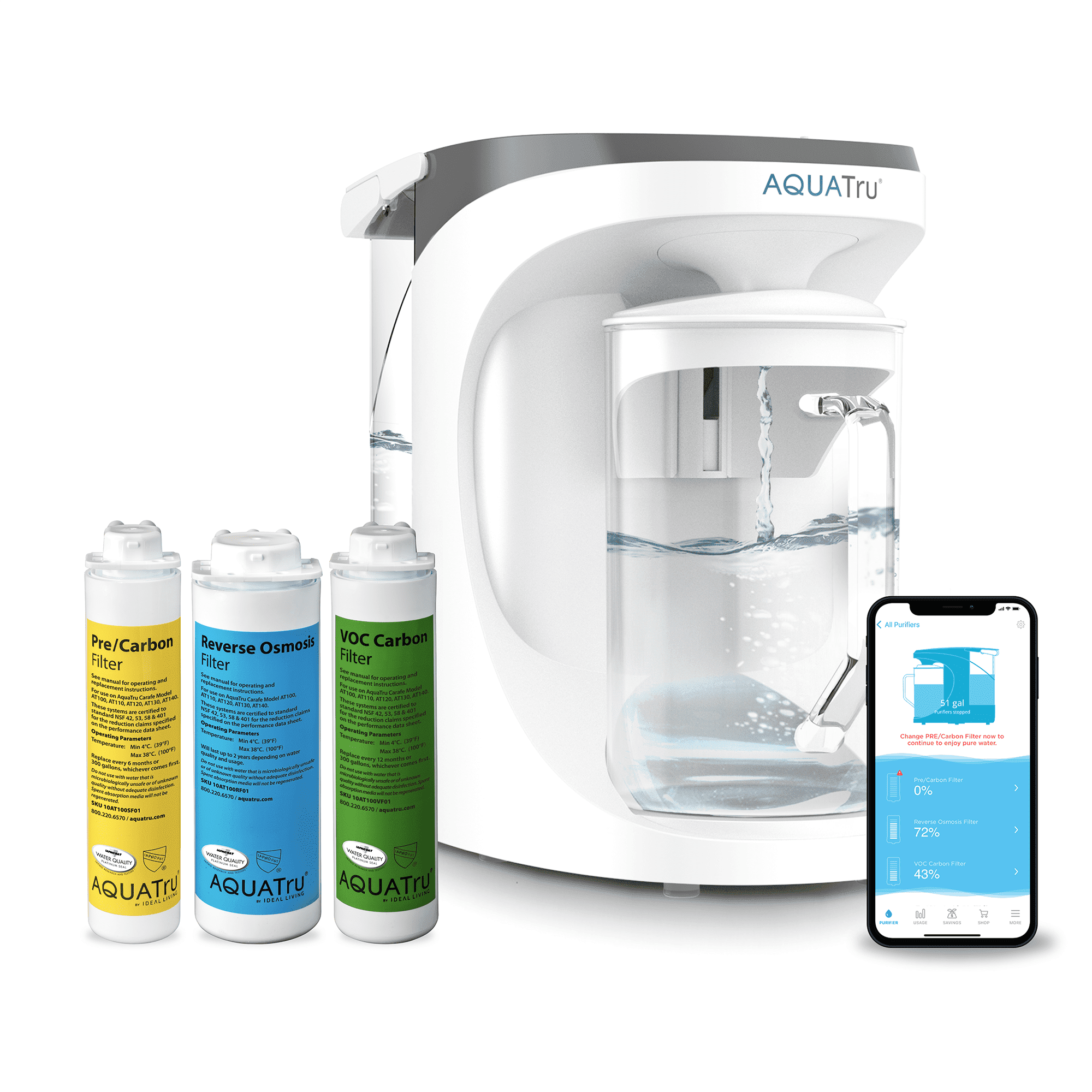 AquaTru Carafe Smart Countertop Water Purifier System, 4-Stage Reverse Osmosis Filtration (White, 14x7.5x13 in.) h7ibm