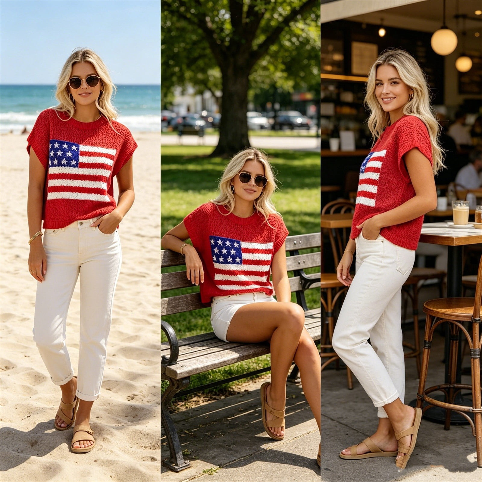 Favoffer Womens American Flag Crochet Sweater (Red, M) 41hkz