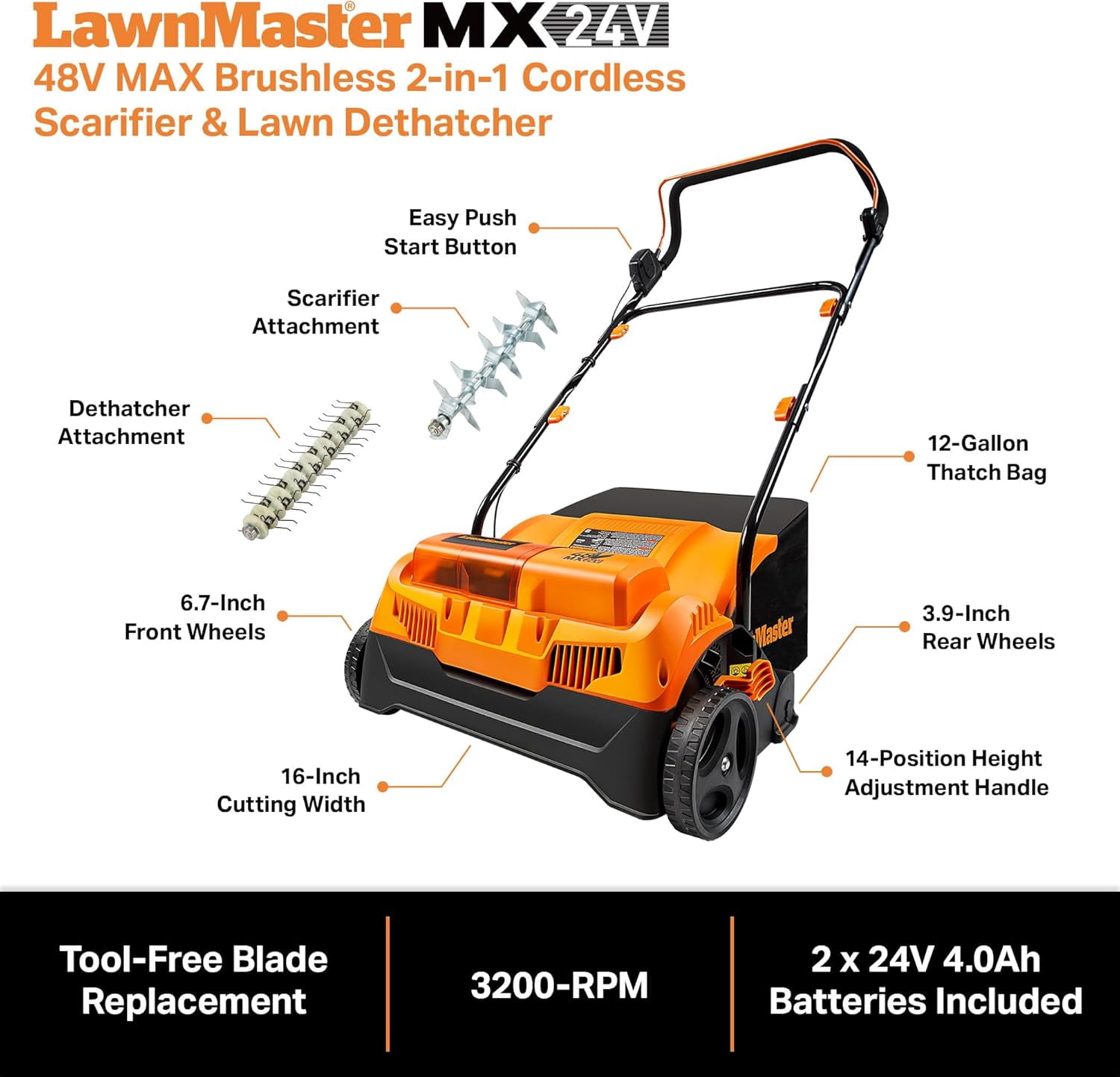 LawnMaster 48V MAX Brushless Cordless Scarifier and Dethatcher (Black, 16 in) ni4zh