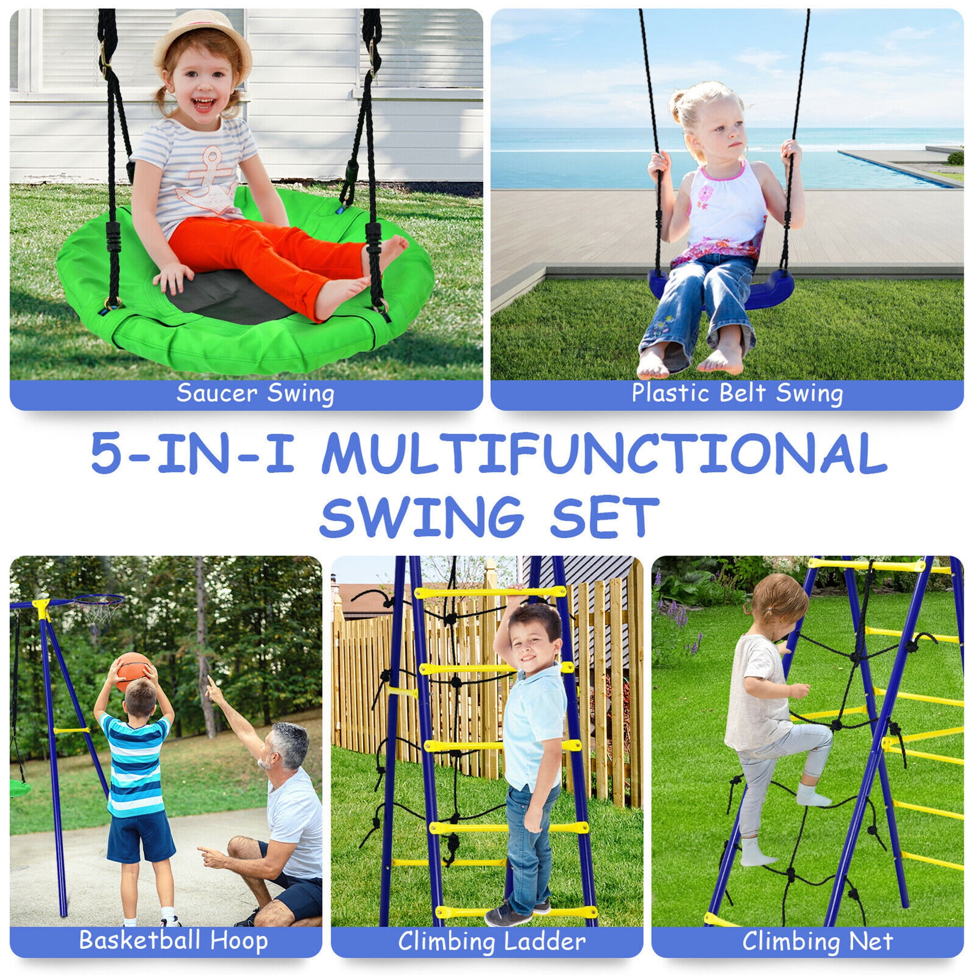 Gymax 5-in-1 Kids Outdoor Swing Set with Basketball Hoop and Climbing Ladder (Blue) y2tza