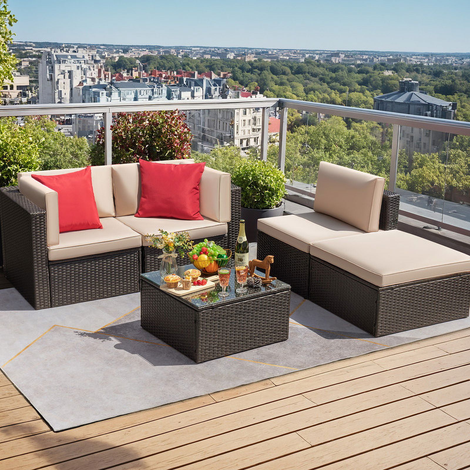 Homall 5-Piece Outdoor Sectional Sofa Set with Tea Table and Ottoman (Beige) 9r9j5