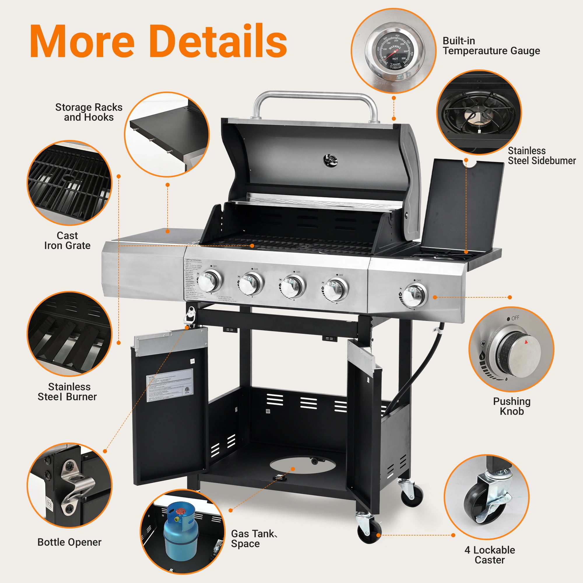 Aminy 4-Burner Propane Gas Grill with Side Burner, Stainless Steel Outdoor BBQ Grill with Lid and Wheels (Silver, 46790 BTU) 15j24