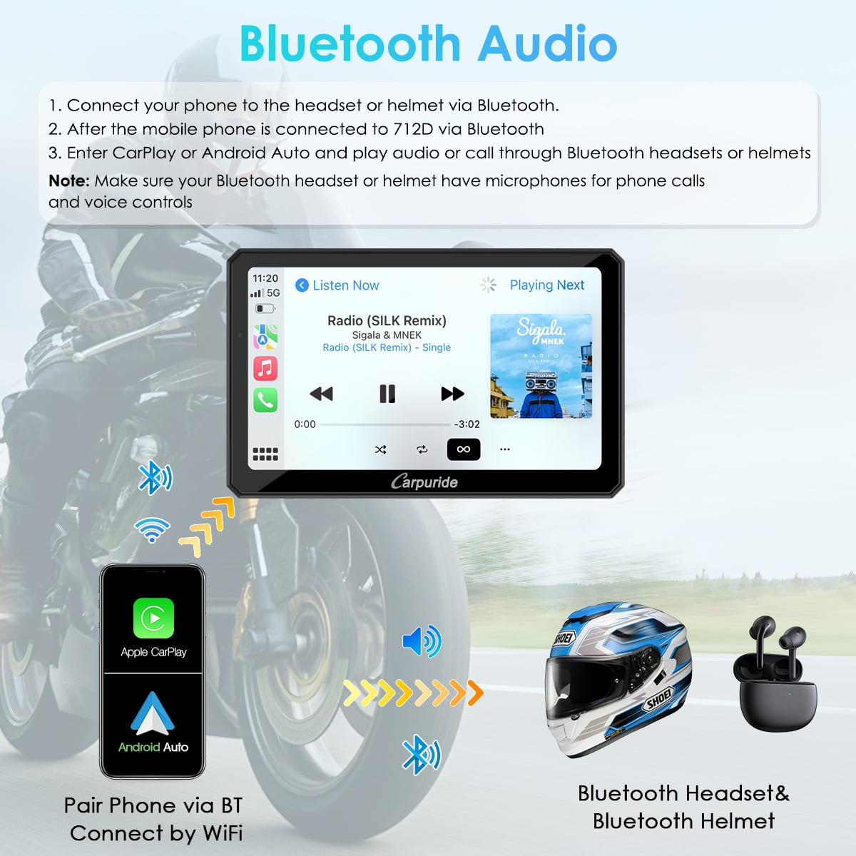 Carpuride Motorcycle Dash Cam with Wireless Apple CarPlay and Android Auto, 7 in HD Touch Screen, Dual 1080P Front and Rear Cameras (Black, 7 in) fs3sm