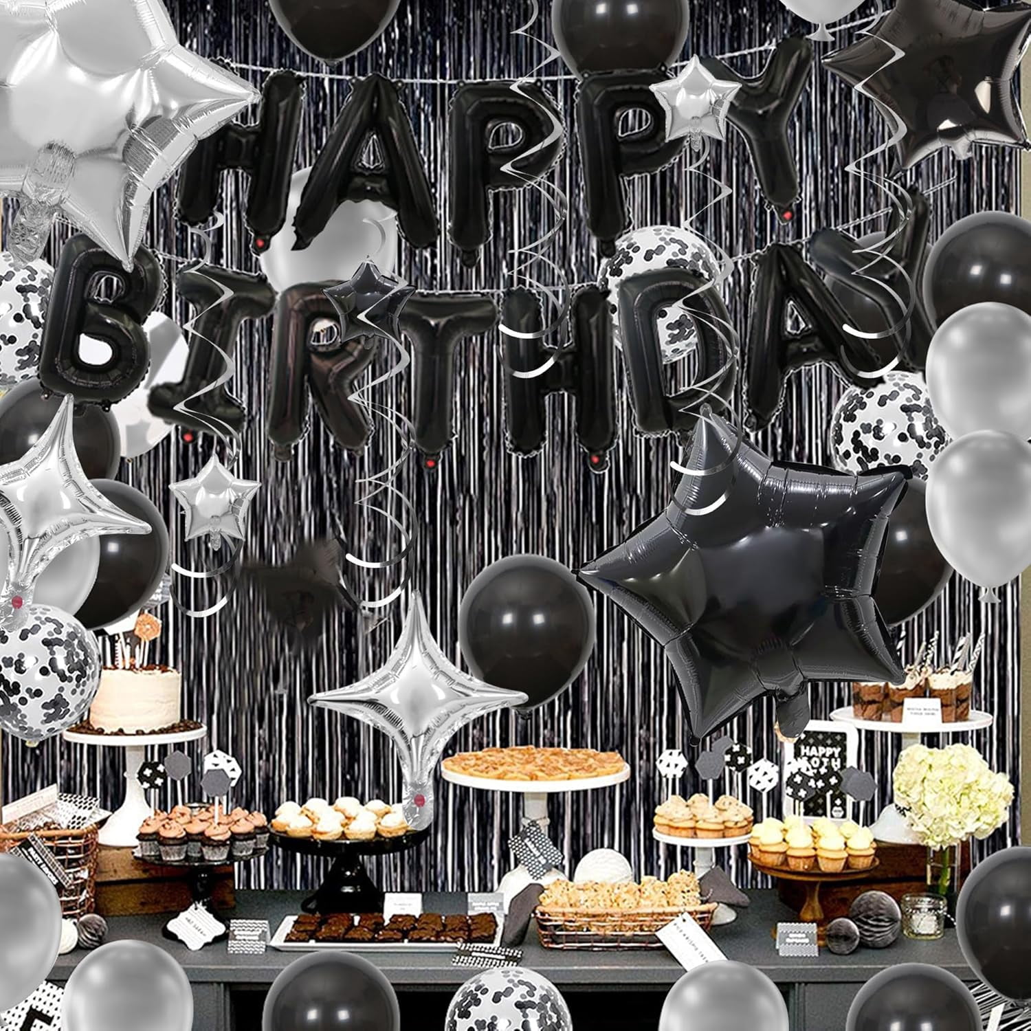 Genreen Birthday Party Decoration Set with Happy Birthday Banner and Balloons (Black and Silver, 56 Piece Set) uflpd