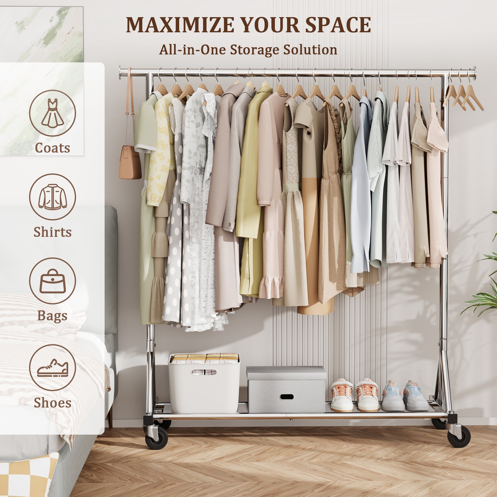Mr IRONSTONE Heavy Duty Rolling Garment Rack, Metal Closet Organizer with Lockable Wheels and Bottom Shelf (Silver, 47 in x 17 in x 63 in) xb3xi