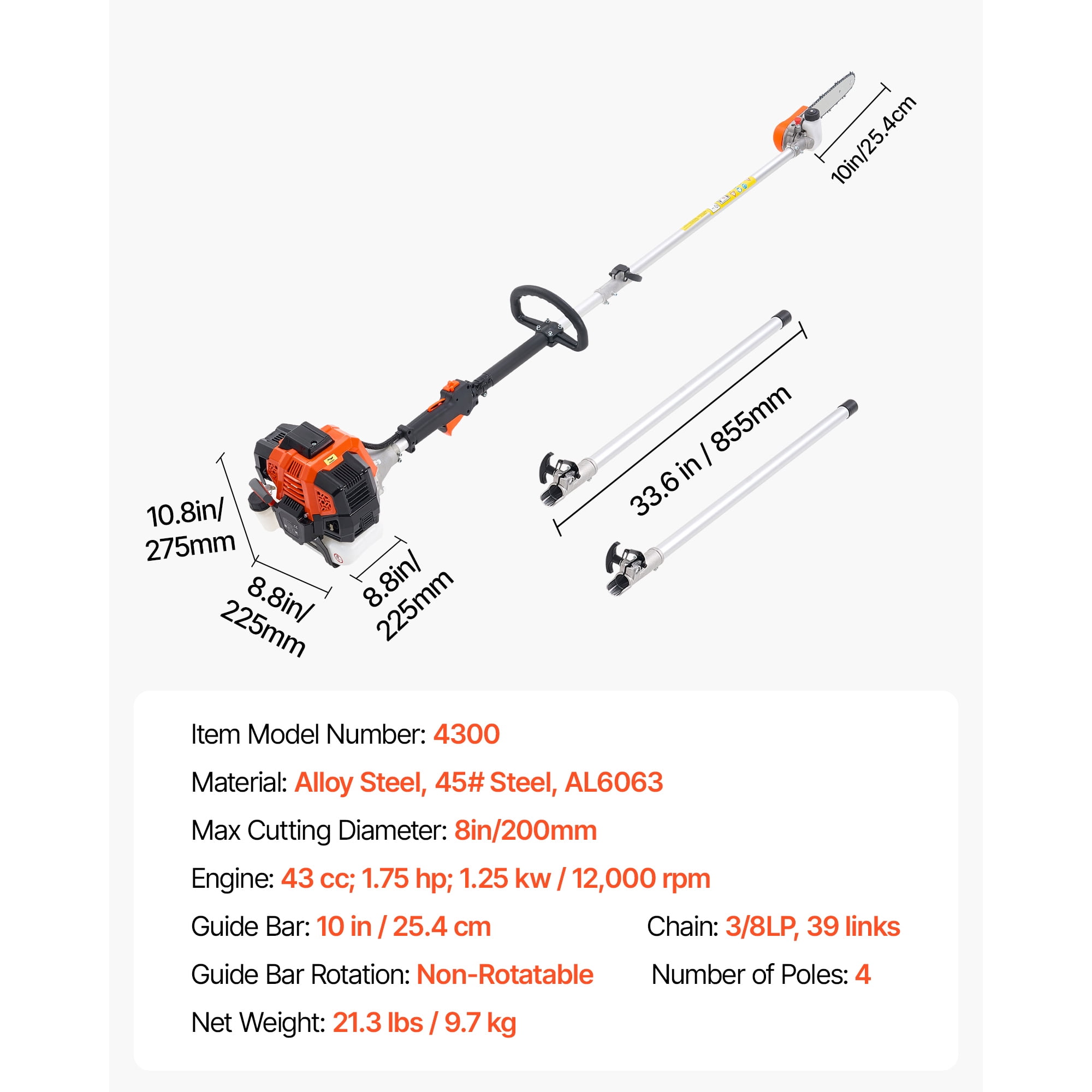 KFFKFF Gas-Powered Pole Saw, 43CC 2-Stroke Engine, 10-Inch Cutting Bar, Adjustable Head, Extendable Reach (Orange, 6.9 to 11.8 ft) g92w3