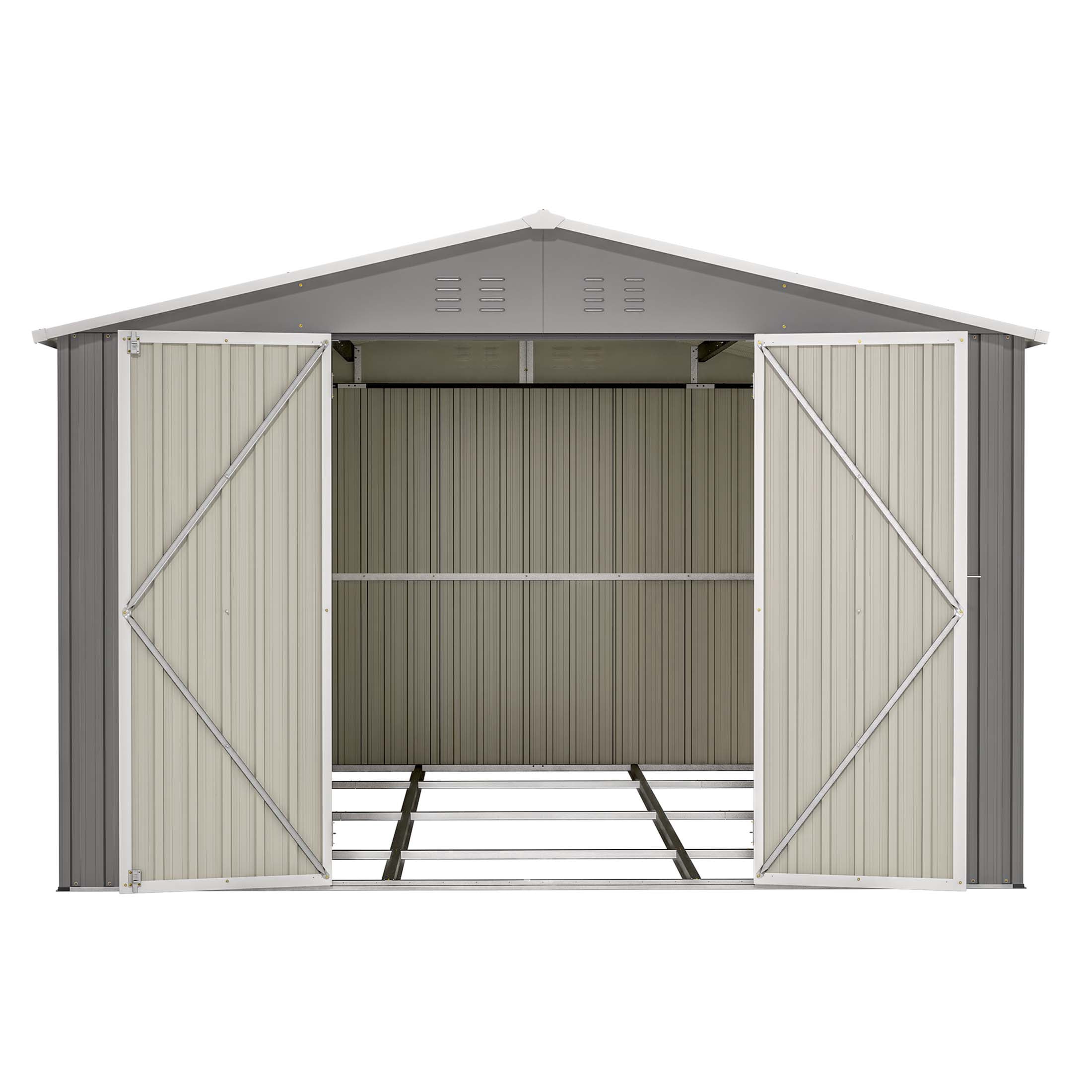 LZBEITEM Outdoor Storage Shed with Floor Frame Kit, Galvanized Steel Garden Tool Shed, Weatherproof Backyard Storage with Lockable Double Doors (Gray, 10 ft x 12 ft) 7fx83