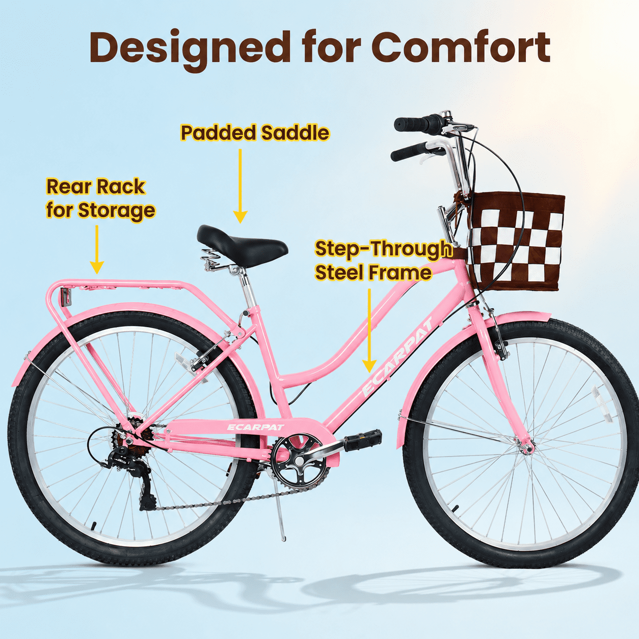 Ambifirner Beach Cruiser Bike, 7-Speed Commuter Bicycle for Adults, High-Carbon Steel Frame with Basket (Blue, 26 in) chtkr