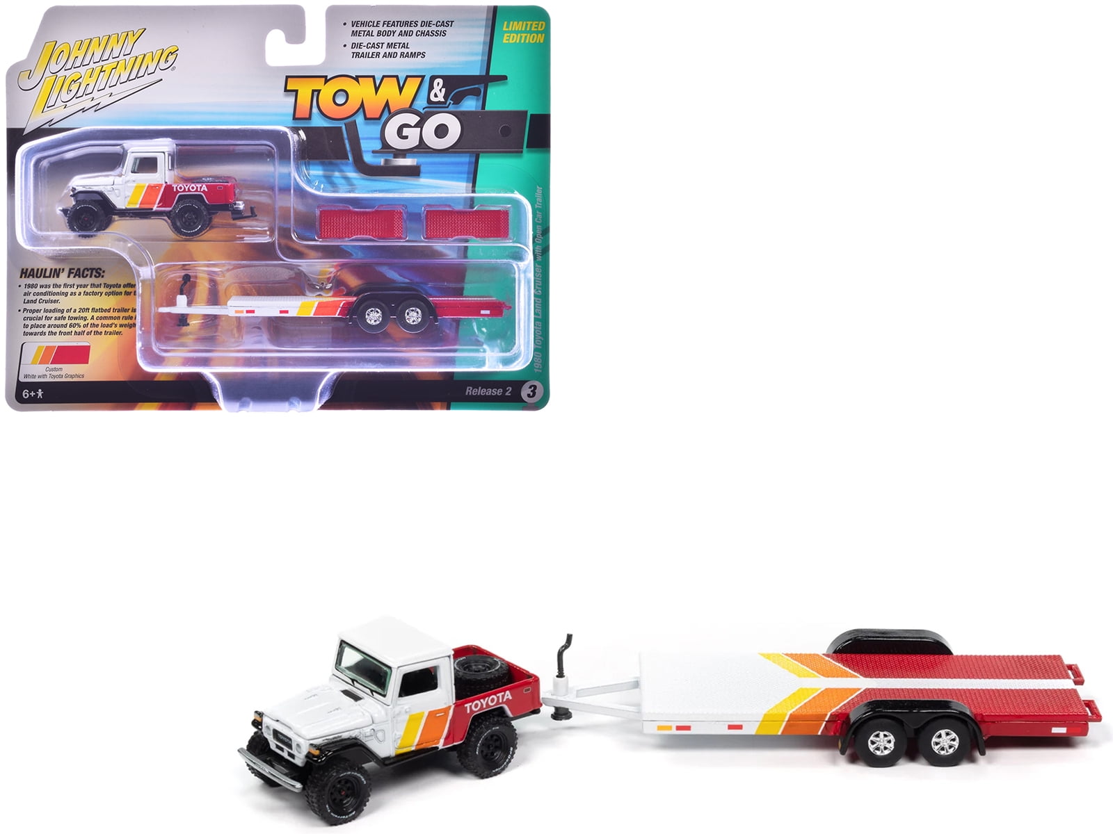 Johnny Lightning 1980 Toyota Land Cruiser Pickup Truck with Open Car Trailer (White and Red, 1/64 Scale) 8lpuh