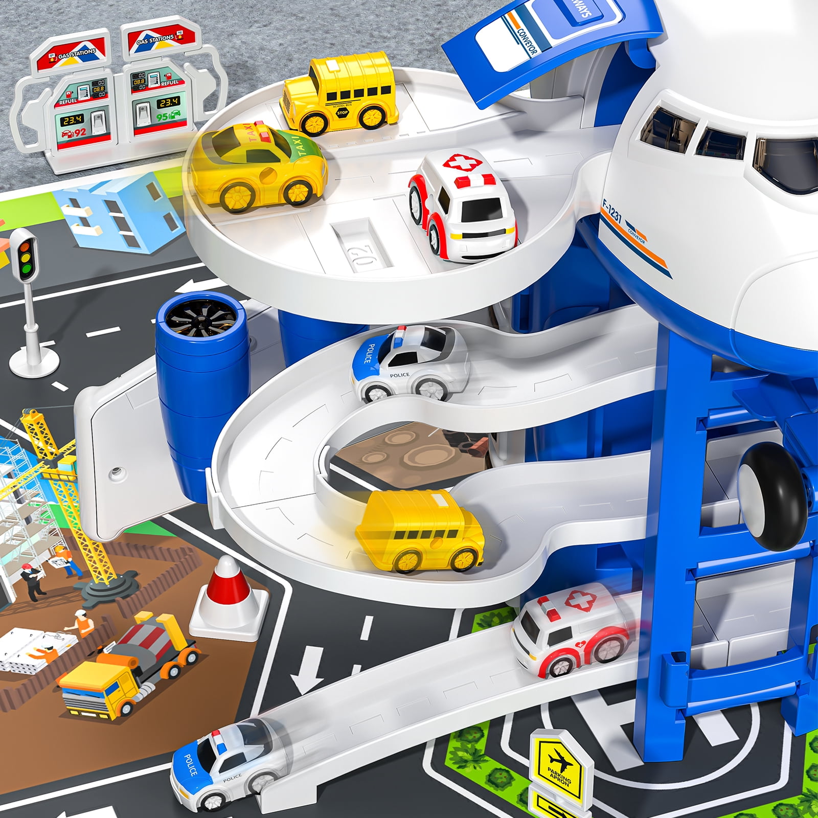 Lucky Doug Airplane Toy Set with Track and 8 Mini Cars (Blue, 1 Set) 3z9s0