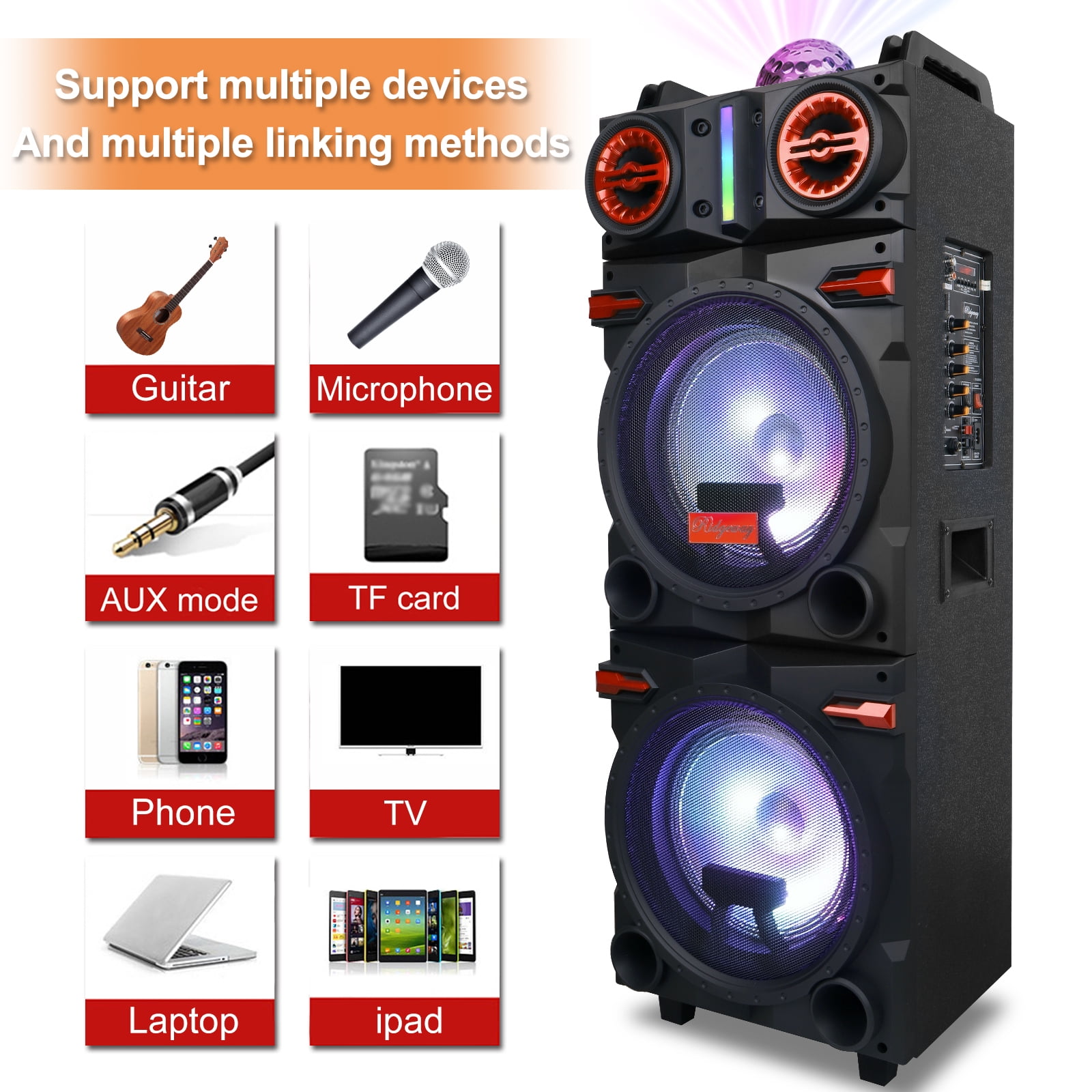 CURUK Dual 10 in Bluetooth Party PA Speaker System with LED Lights, Karaoke Mic, and Remote (Black) dcvev