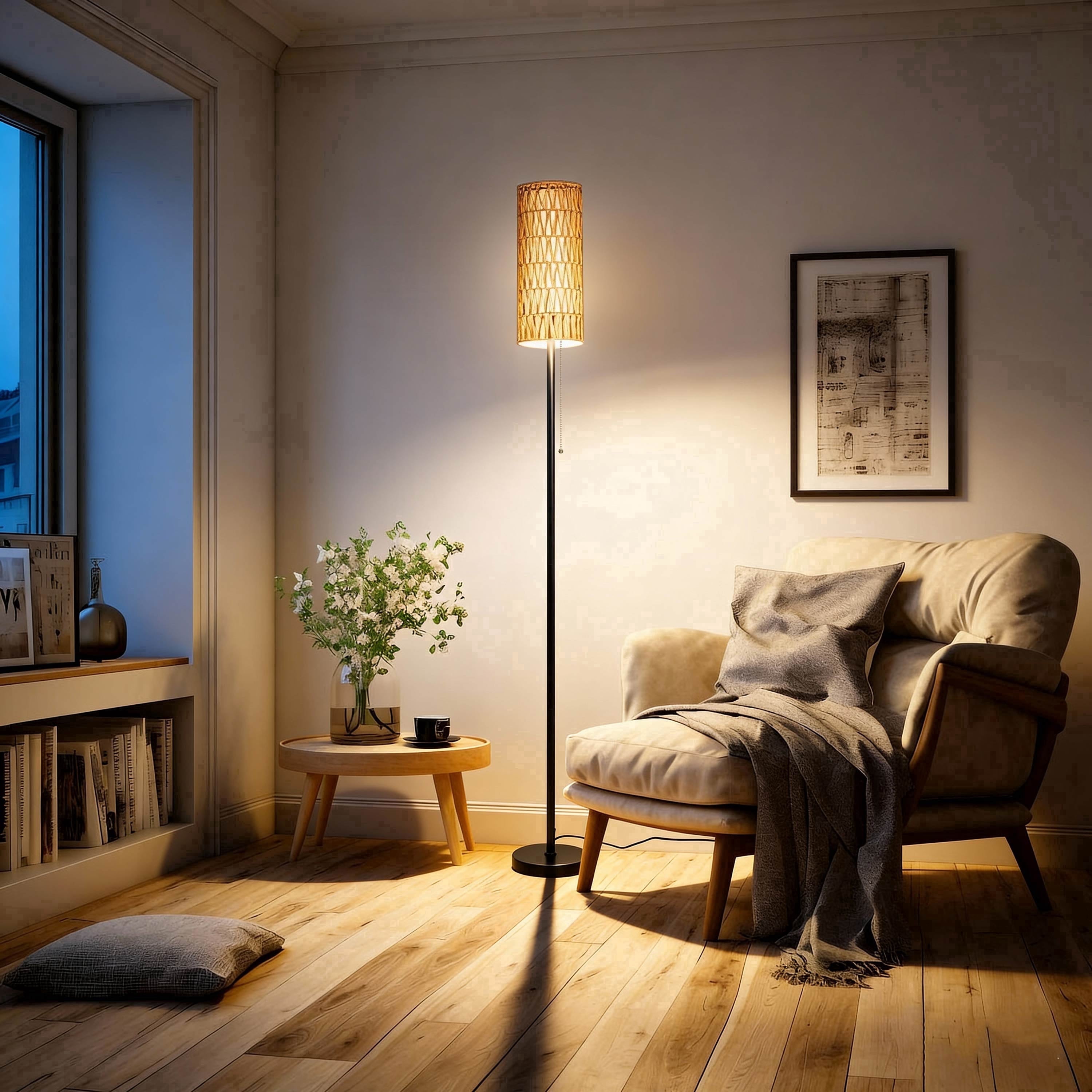 Coliware 63 in Rattan Floor Lamp, Modern Standing Pole Lamp with Dual Shade and Pull Chain (Black, 63 in) 7tbs8