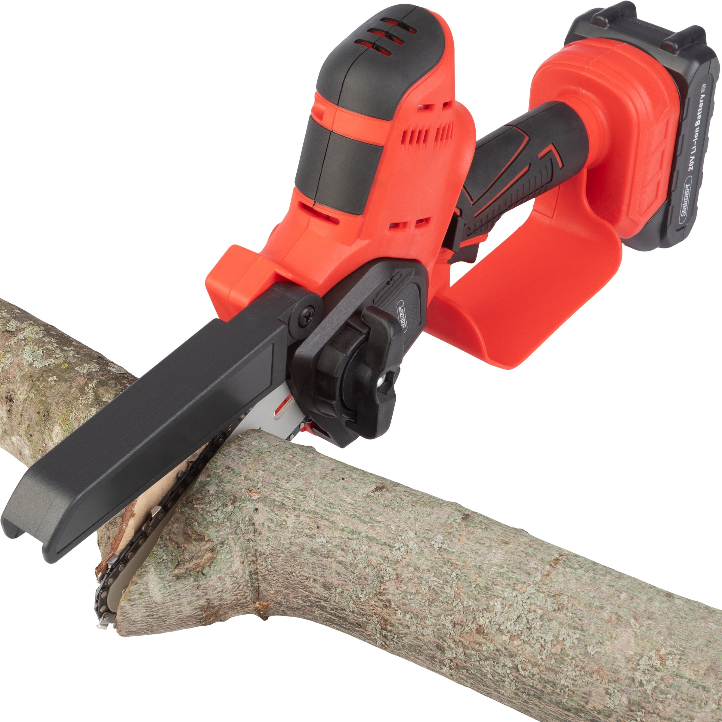 Stalwart 5-Inch Mini Chainsaw, Cordless Electric Power Tool with 20V Lithium Ion Battery (Red, 5.29 lb) 1478j