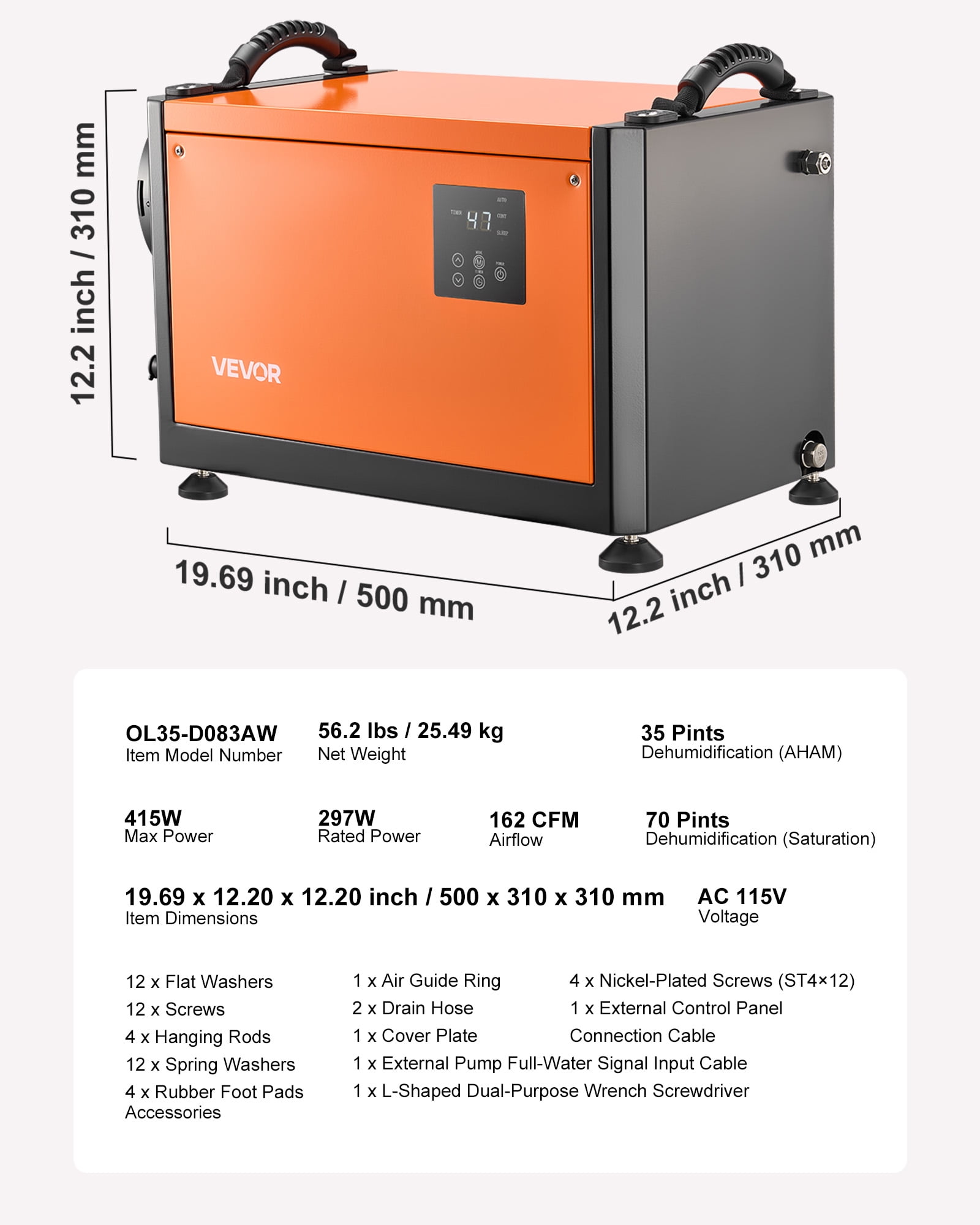 VEVOR 70 Pints Commercial Dehumidifier with Pump, Heavy-Duty Industrial Dehumidifier for Basement and Crawl Space (Black, 70 Pints) 8rmi2
