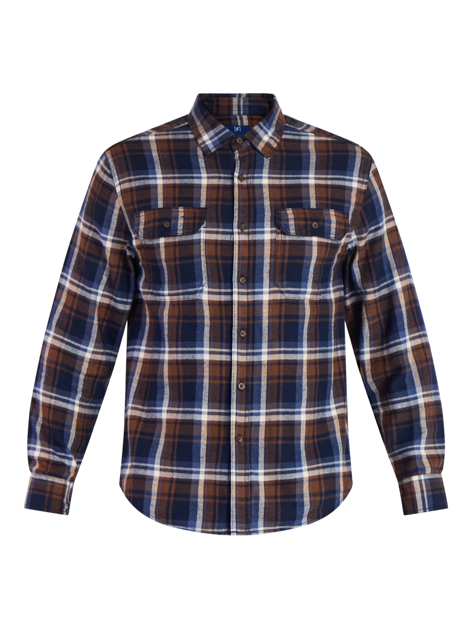 George Men's Long Sleeve Plaid Flannel Shirt, Double Pocket Button Down, 2 Pack (Brown, XS) kocxj