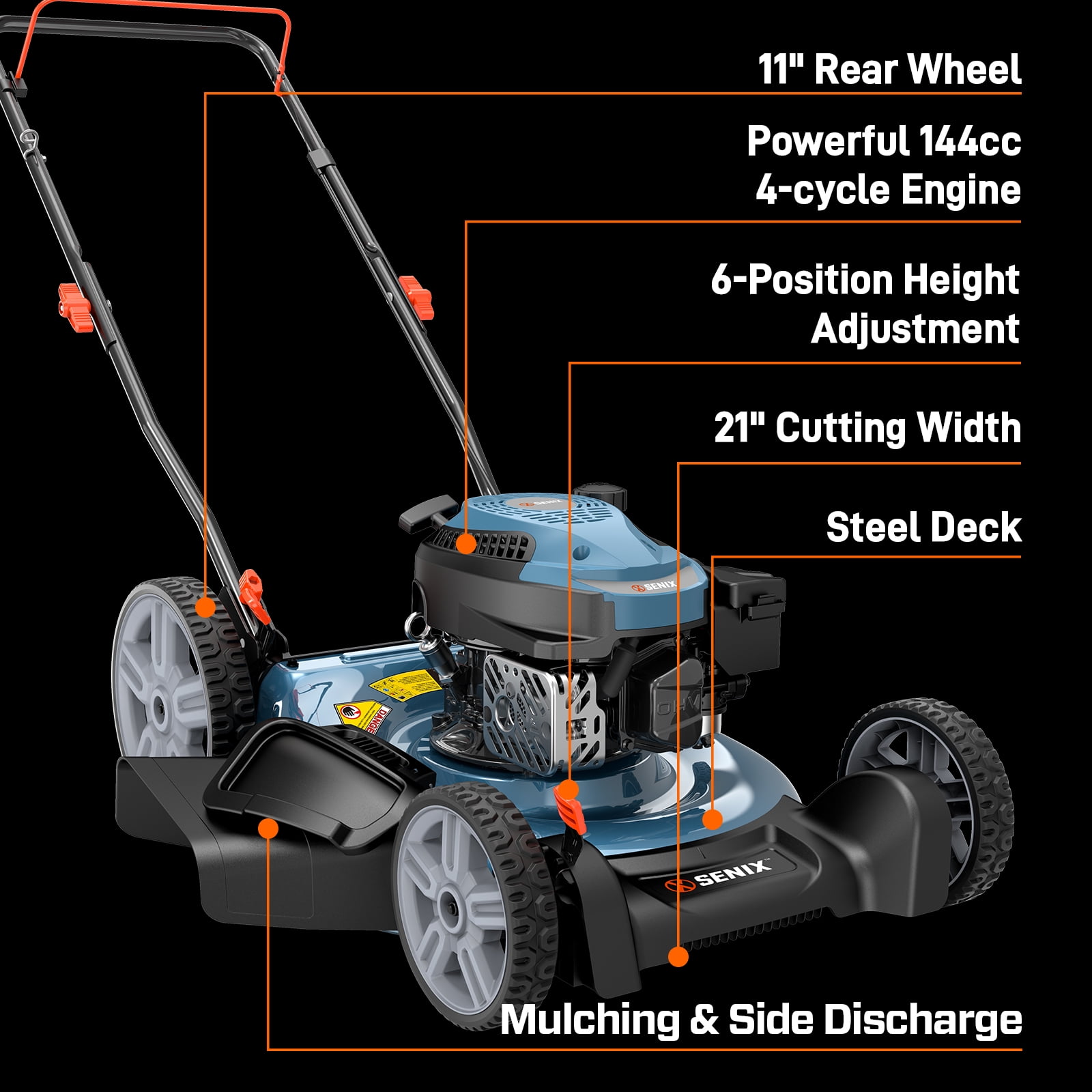 Senix 21 in Gas Lawn Mower, 144cc 4-Cycle Engine, 2-in-1 Mulching and Side Discharge, 6 Adjustable Heights yb2jx