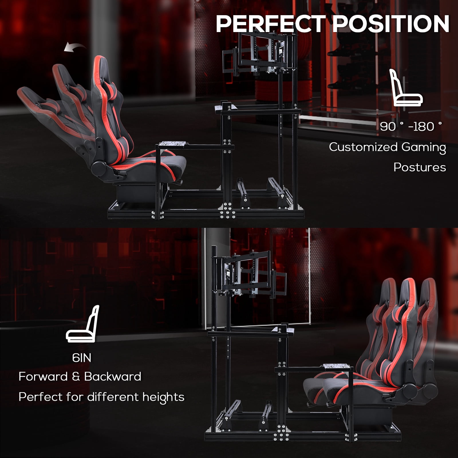 Supllueer Aluminum Racing Simulator Cockpit with Adjustable Seat and Triple Monitor Stand (Black) ve1yv