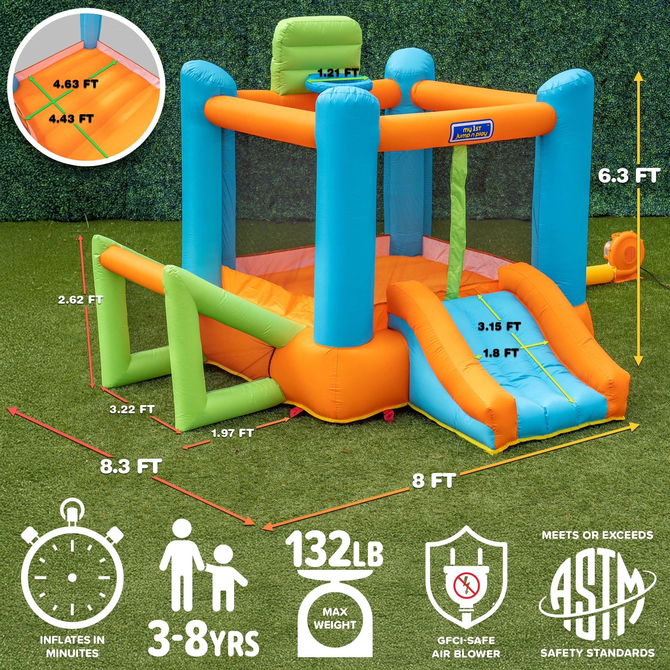 Sportspower My 1st 4-in-1 Inflatable Bounce House with Blower, Soccer Goal & Basketball Hoop (Multi-Color, 1 Unit) 1cwn7
