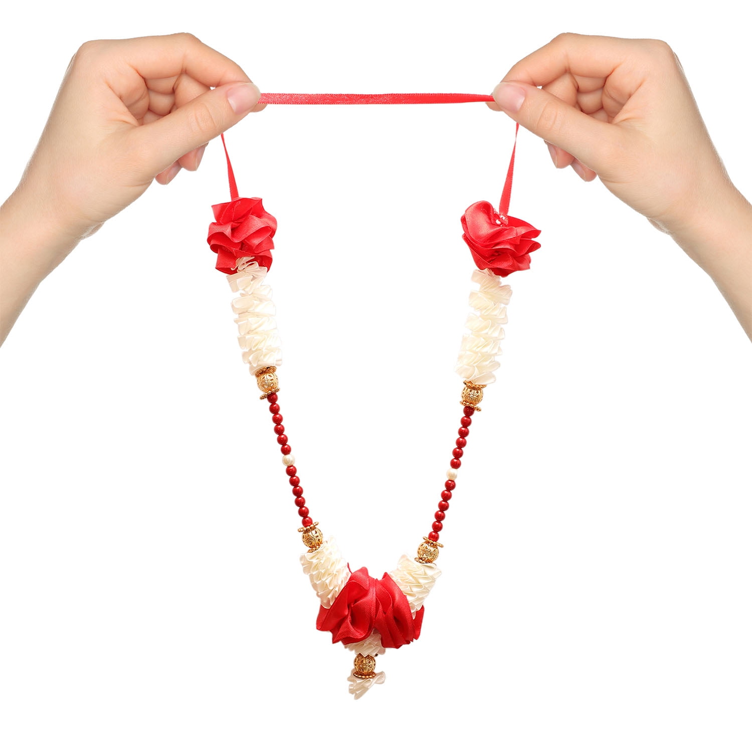 Shubhkart Makhamali Artificial Moti Garland Decorative Floral String for Puja and Home Decor (Red, 24 in) cdr5t