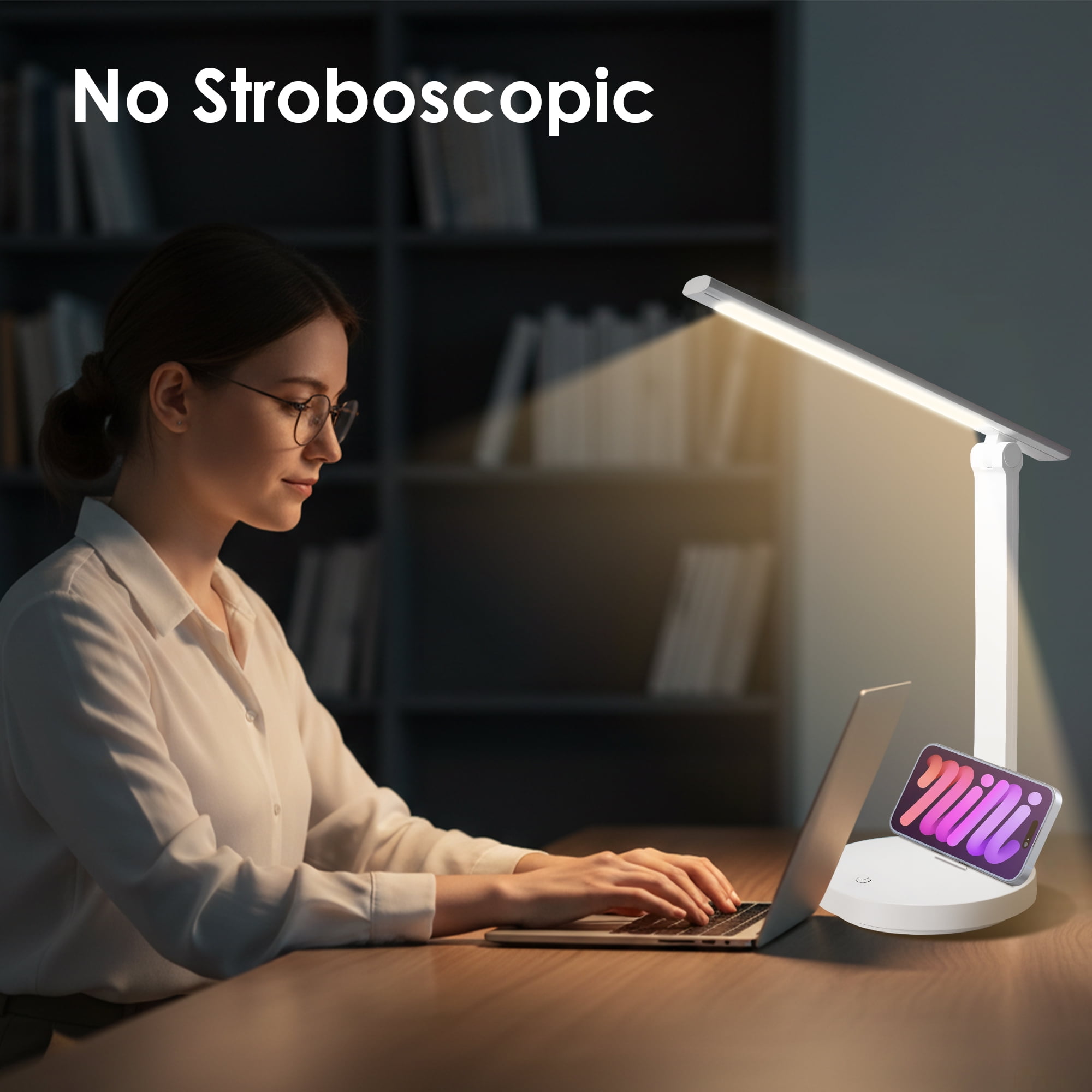 Volivo Rechargeable LED Desk Lamp, Eye-Care Dimmable Office Light with Phone Holder (White, 9.85 in Head) kn8w8