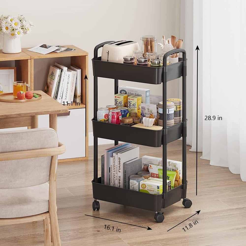 COWIN 3-Tier Metal Rolling Utility Cart with 6 Hooks (Black, 17 in x 15 in x 34 in) 7wkkx