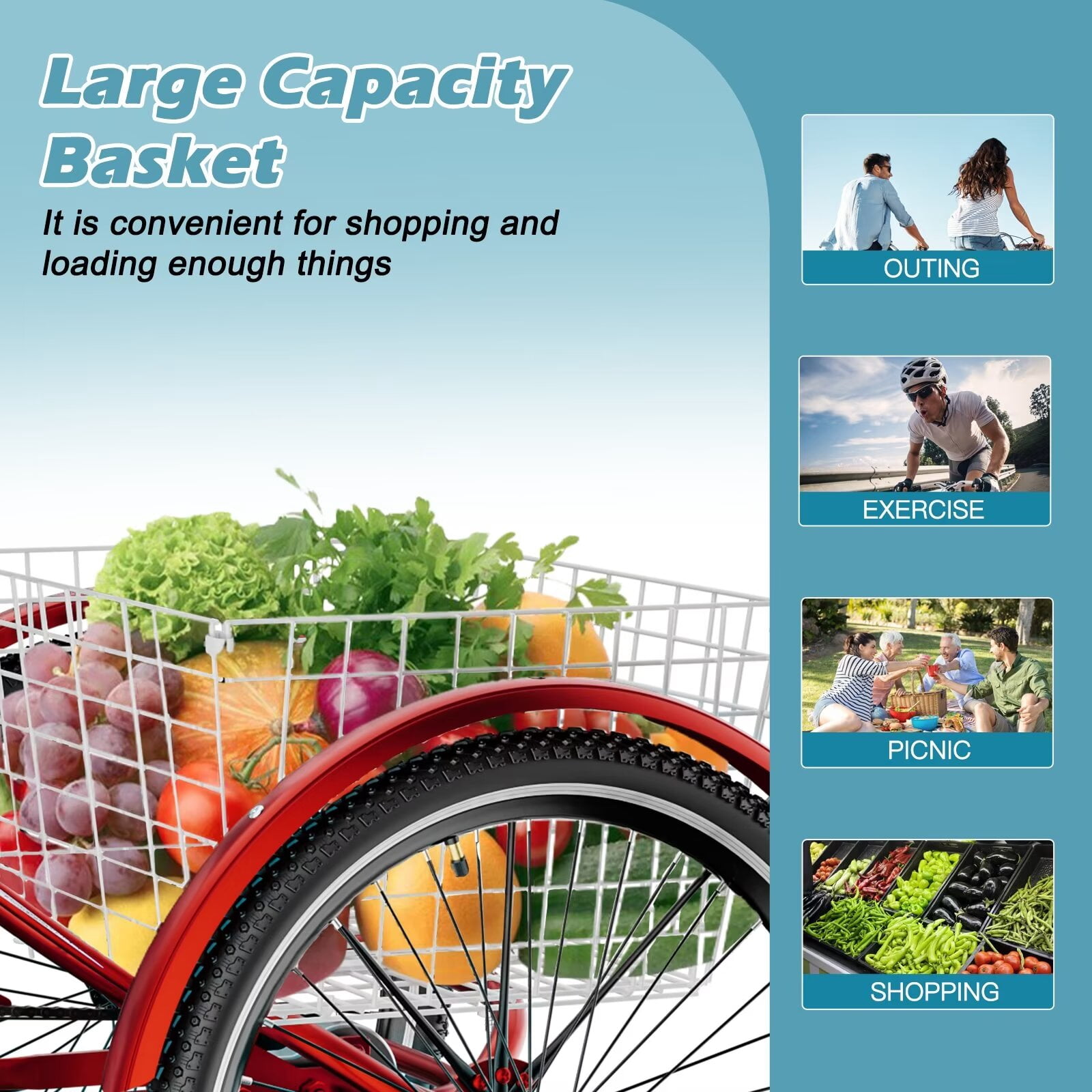 MOPHOTO 7-Speed Adult Tricycle, Low-Step Through Frame 3-Wheel Bike with Large Cargo Basket (Red, 26 in) f31w2