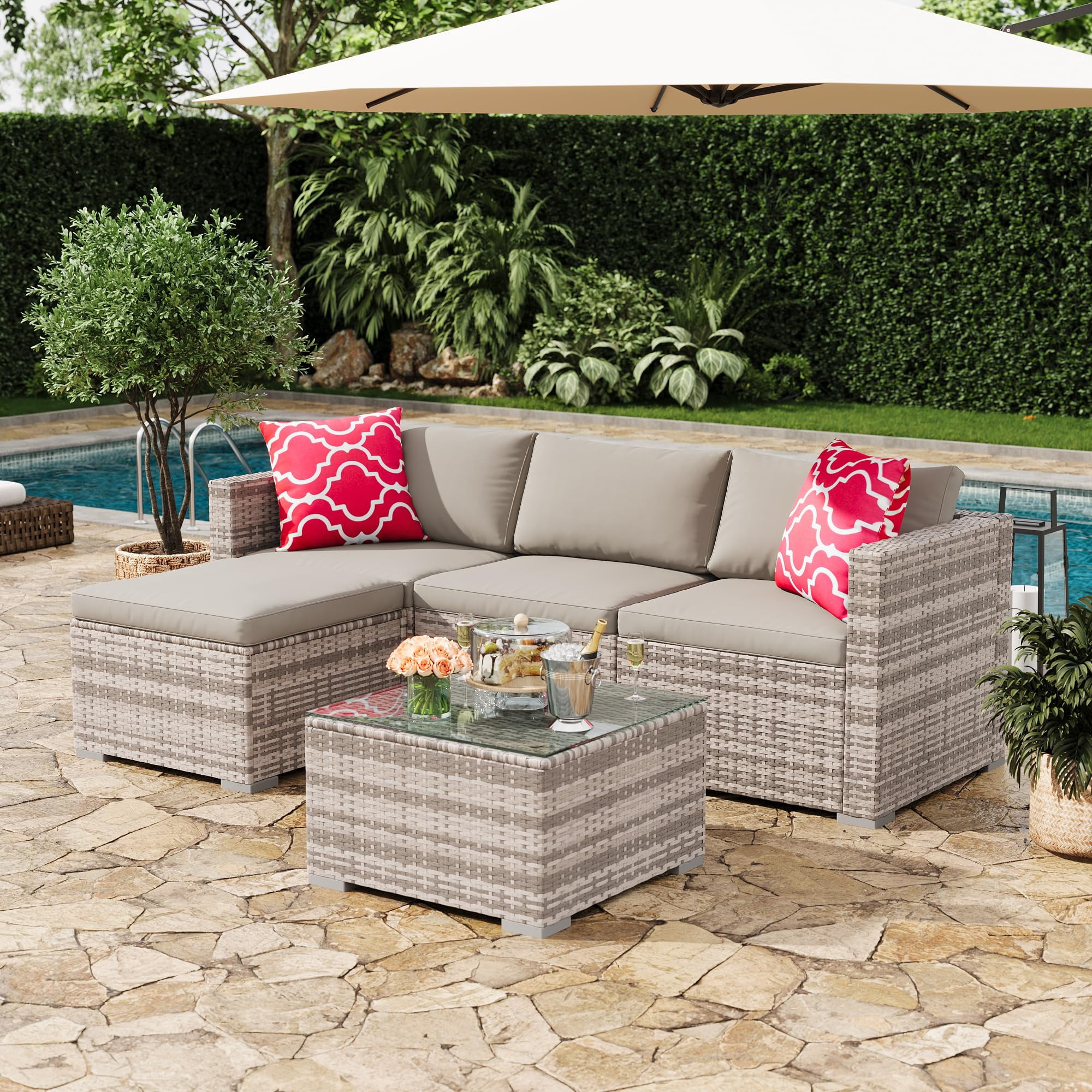 EliteEdge 5-Piece All-Weather PE Rattan Patio Sofa Set, Modular Outdoor Furniture with Tempered Glass Table and Waterproof Cushions (Brown Rattan, Light Grey Cushion, 5-Piece Set) i6xq3