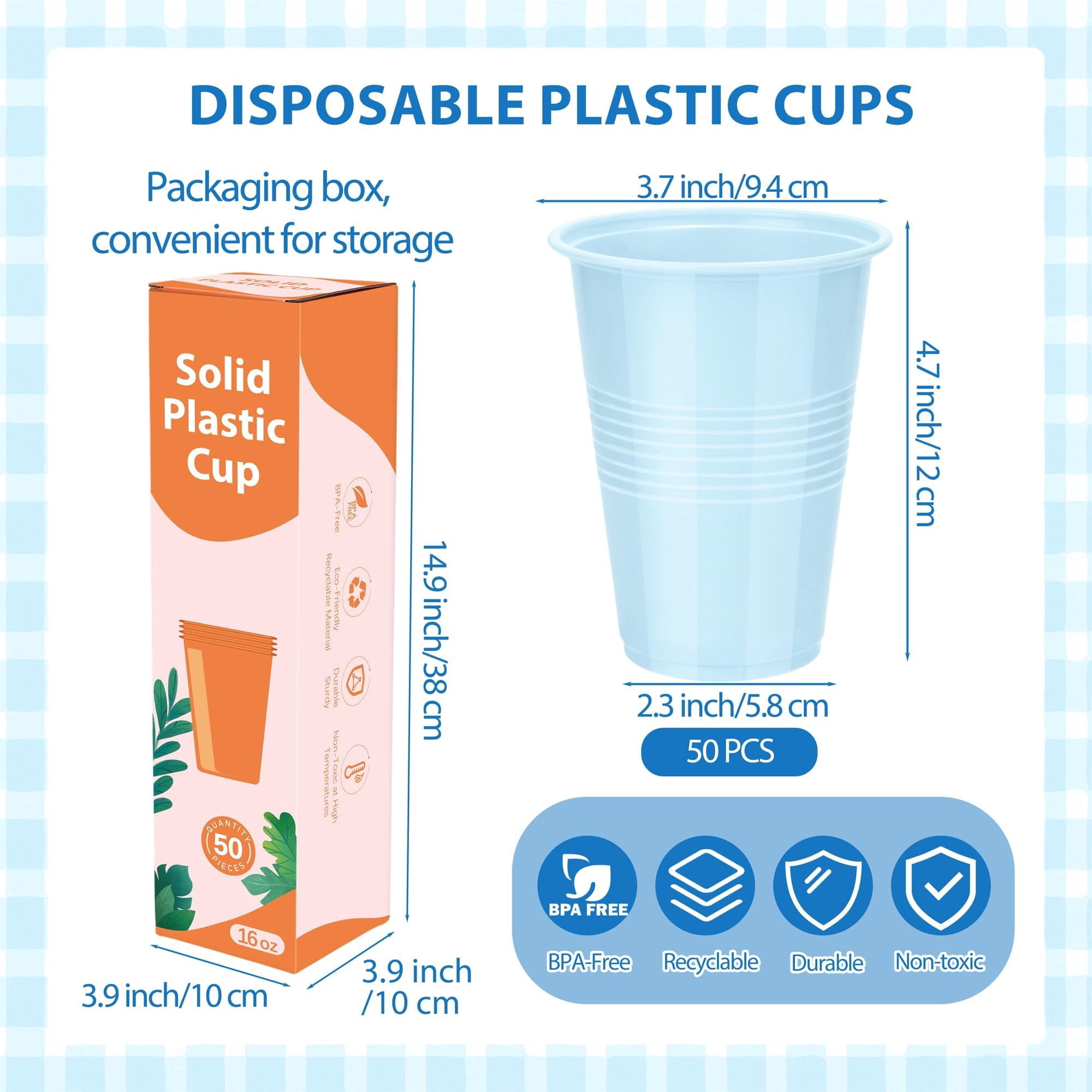 TURSTIN Disposable Plastic Party Cups, Sturdy Drinkware for Weddings and Birthdays (Light Blue, 50 Pack, 16 oz) ygphx