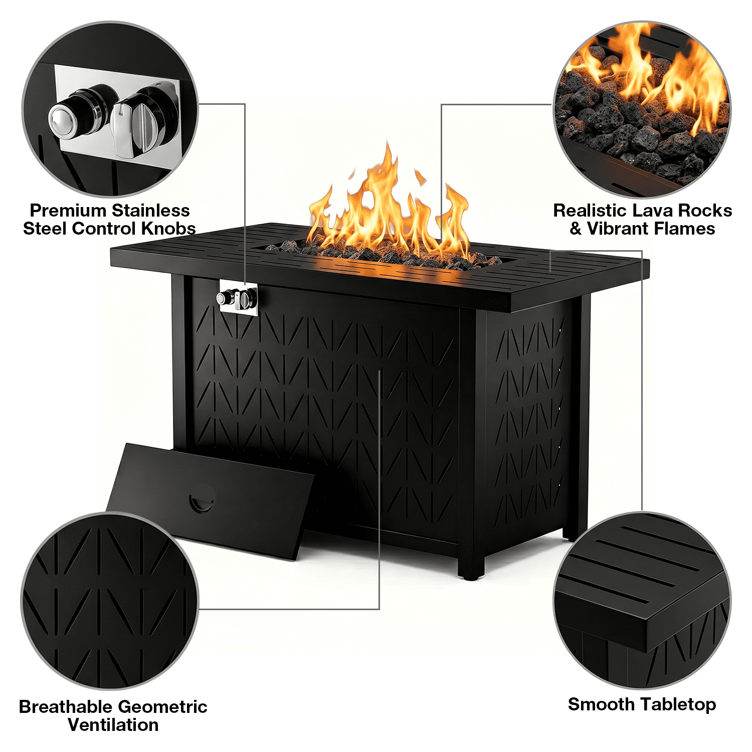 Vornel 43 in Rectangular Propane Fire Pit Table, 50000 BTU 2-in-1 Gas Fire Table with Lid and Cover (Black, 43 in) yeym8