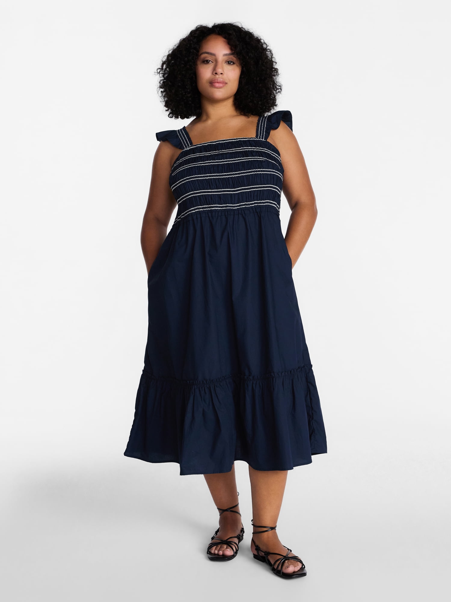 Time and Tru Women's Sleeveless Smocked Cotton Midi Dress (Blue, XS) rk33b