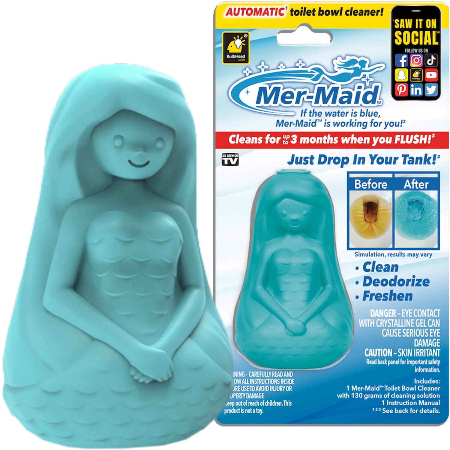 BulbHead Mer-Maid Automatic Toilet Bowl Cleaner, Long-Lasting Stain Remover & Deodorizer (Blue, 1 Pack) huc26