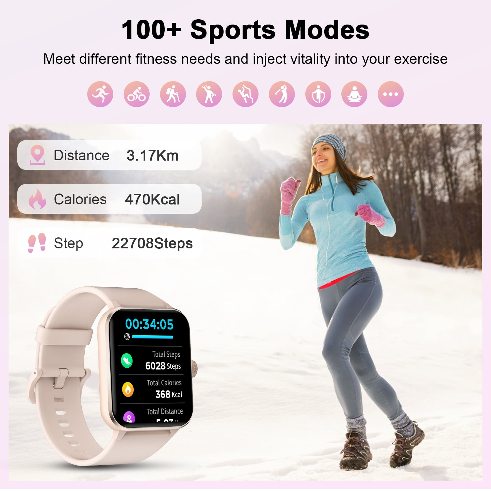 IOWODO Smart Watch with Bluetooth Calling and AI Voice Assistant, 1.85 in HD Touch Screen, IP68 Waterproof Fitness Tracker (Pink, 5.9-9.2 in) v41co