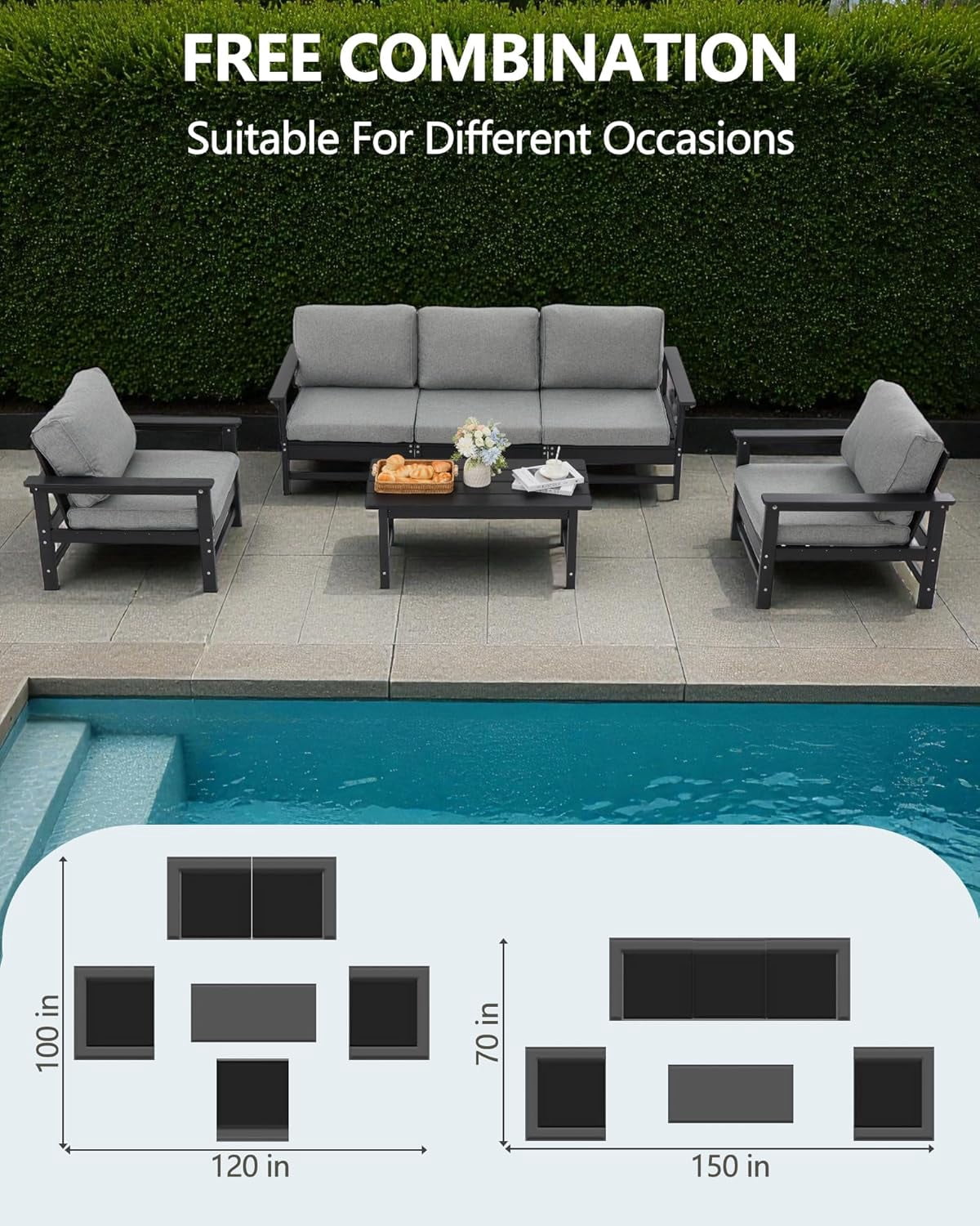AZXZCS HDPE Outdoor Patio Furniture Set, 6-Piece Conversation Sofa Set with Cushions (Black, 6-Piece) pi1d6