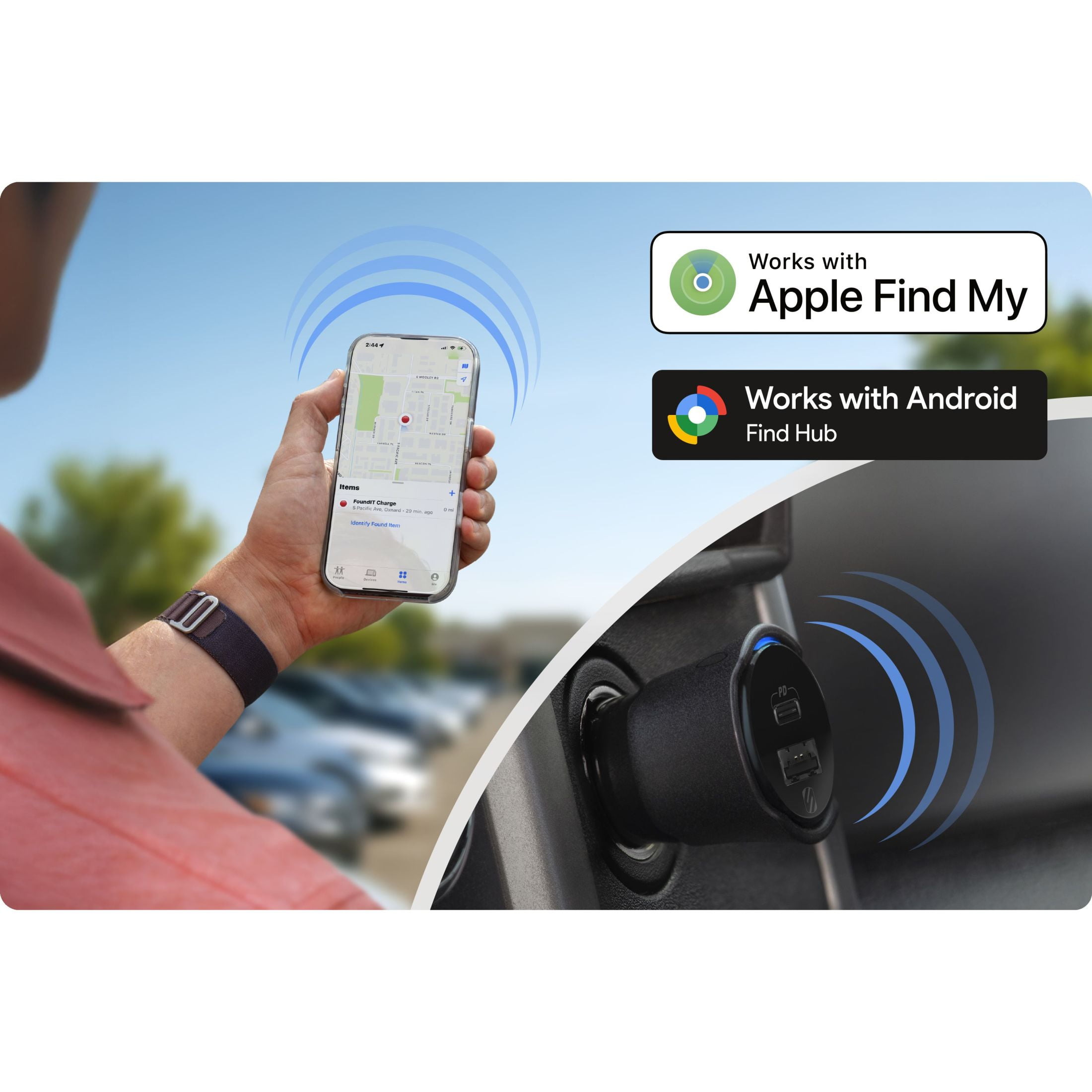 Scosche FoundIt Charge 32W Dual-Port USB-C & USB-A Car Charger with Built-in Locator (Black, 1 Pack) 3x9eg