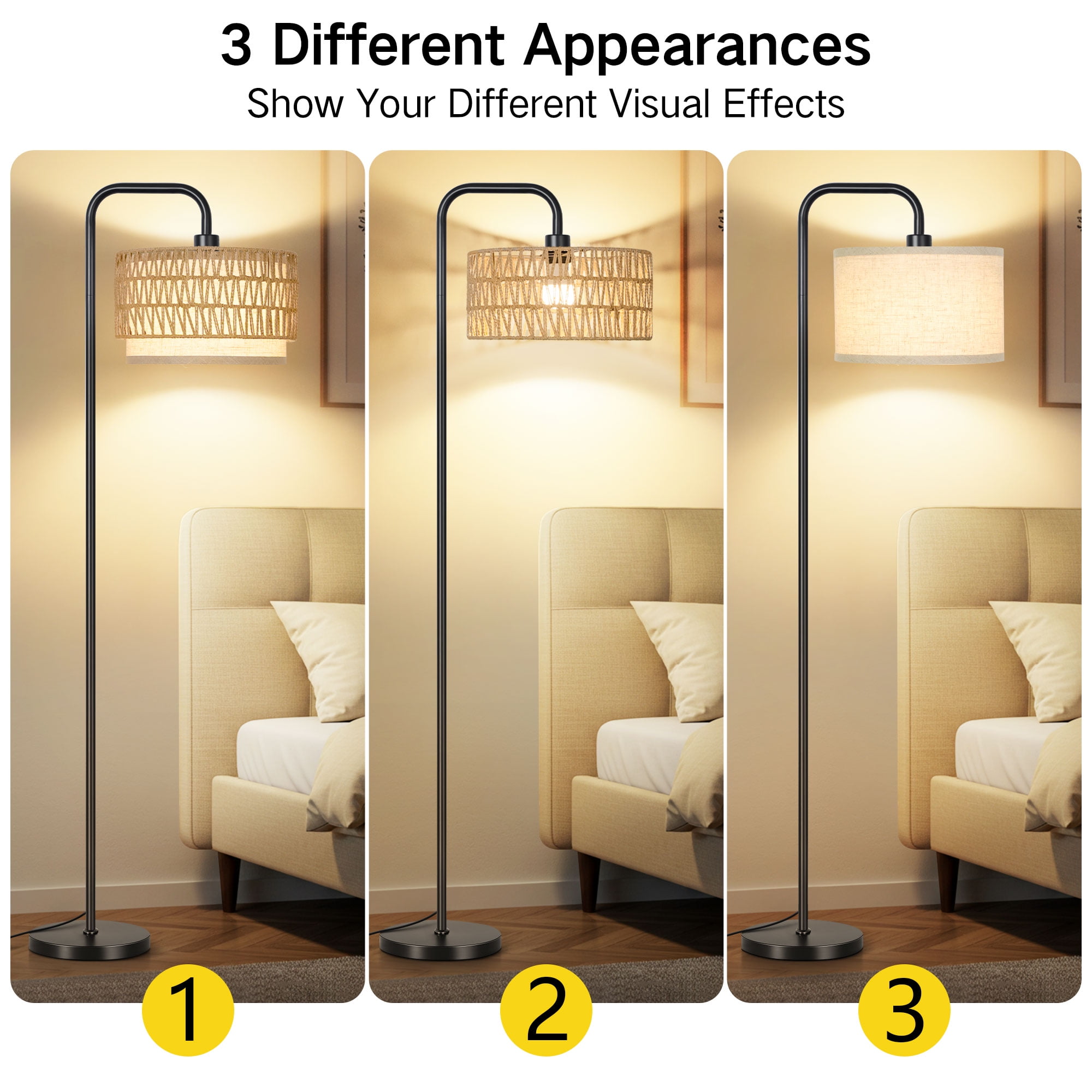 Outon Boho Floor Lamp with Rattan and Linen Double Shades, Adjustable Color Temperature Standing Lamp for Living Room (Black, 6 ft Cord) f2sue