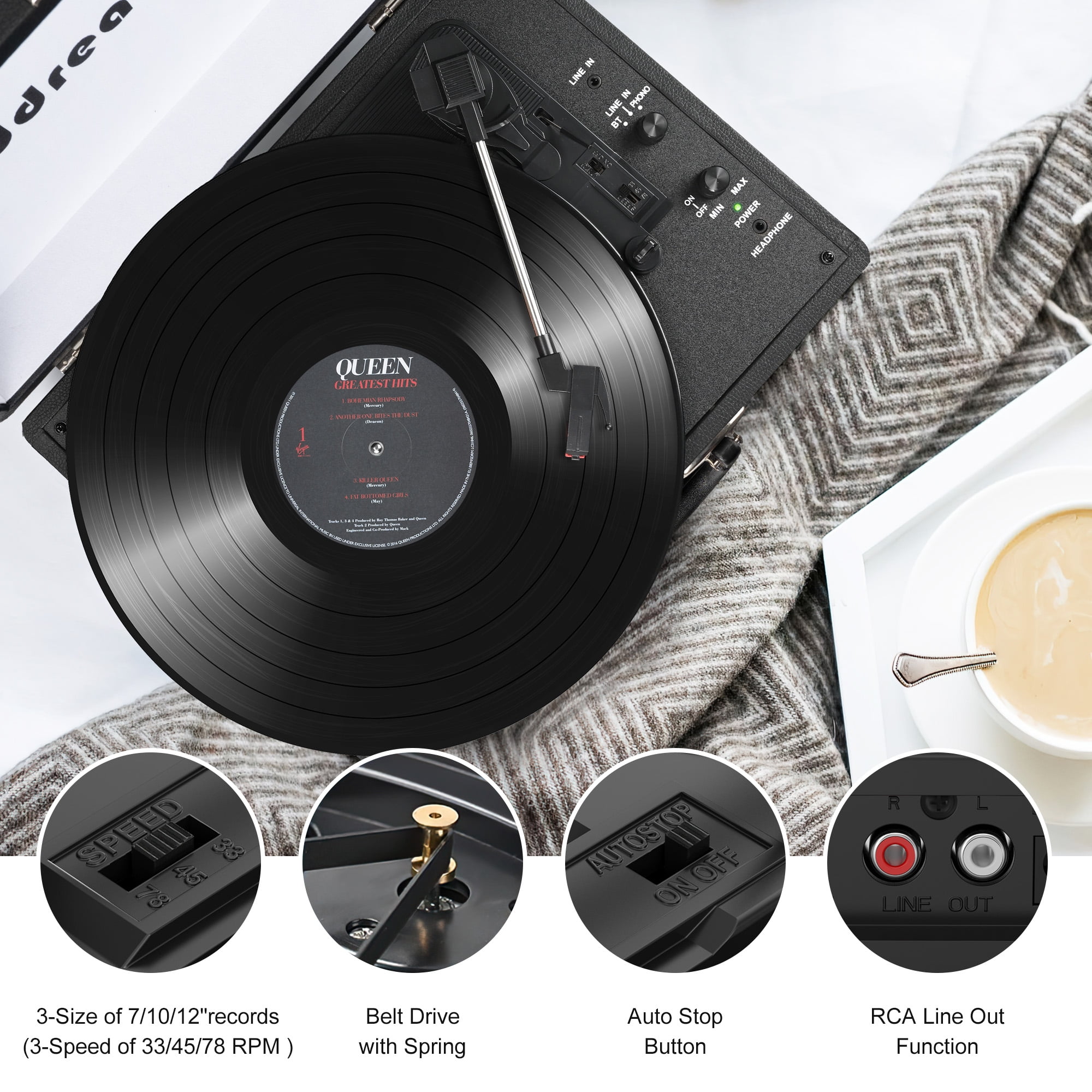 Udreamer Portable Suitcase Vinyl Record Player with Built-in Speakers (Black) 61avj