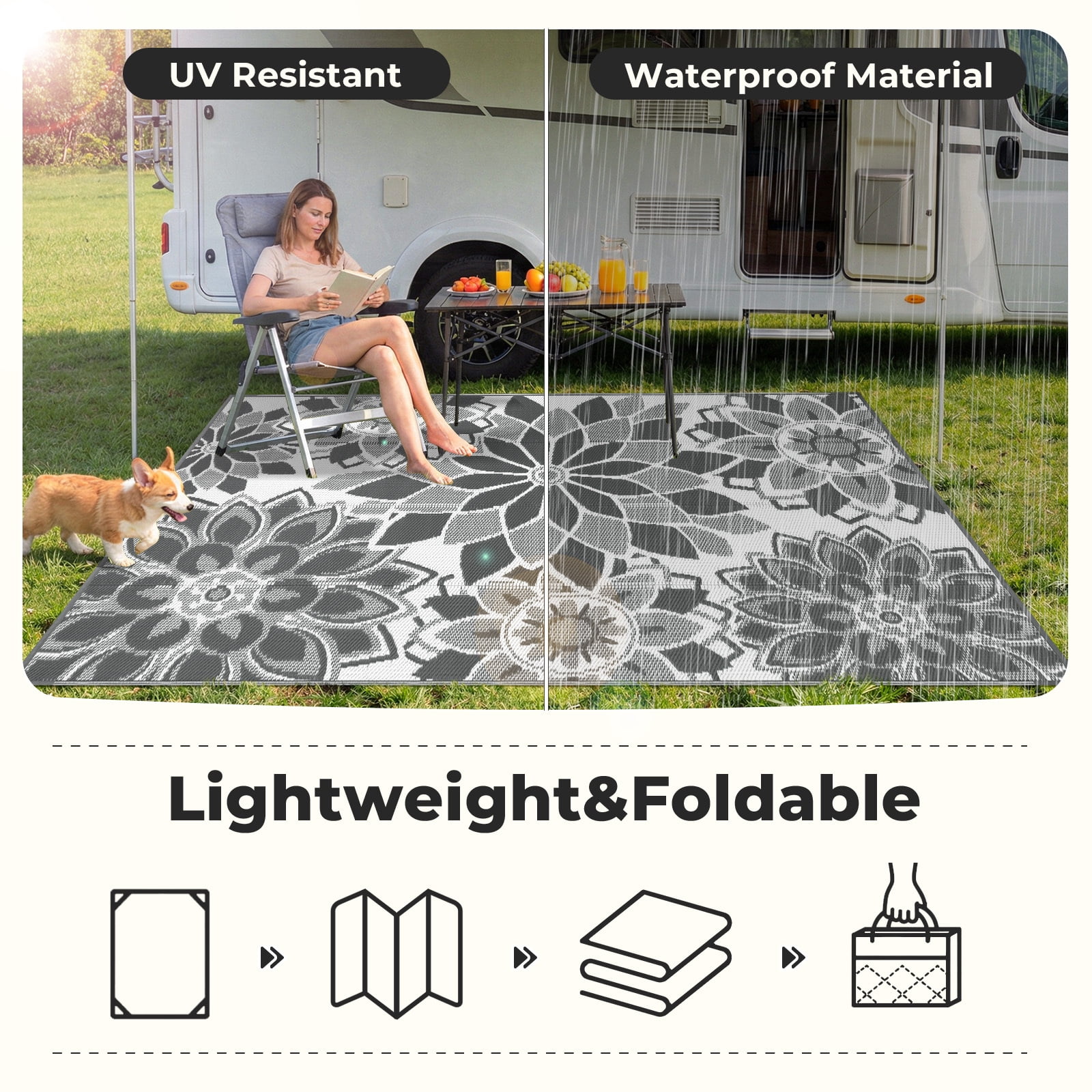 Findosom Reversible Outdoor Rug, Waterproof Plastic Straw Patio Mat for Camping and RV (Grey, 6 ft x 9 ft) ci7al