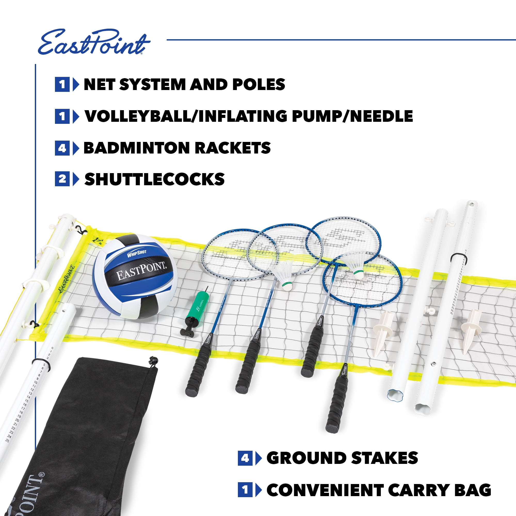 EastPoint Sports 2-in-1 Volleyball and Badminton Set, Adjustable Height Net System for Outdoor Play (1 Set) wehco
