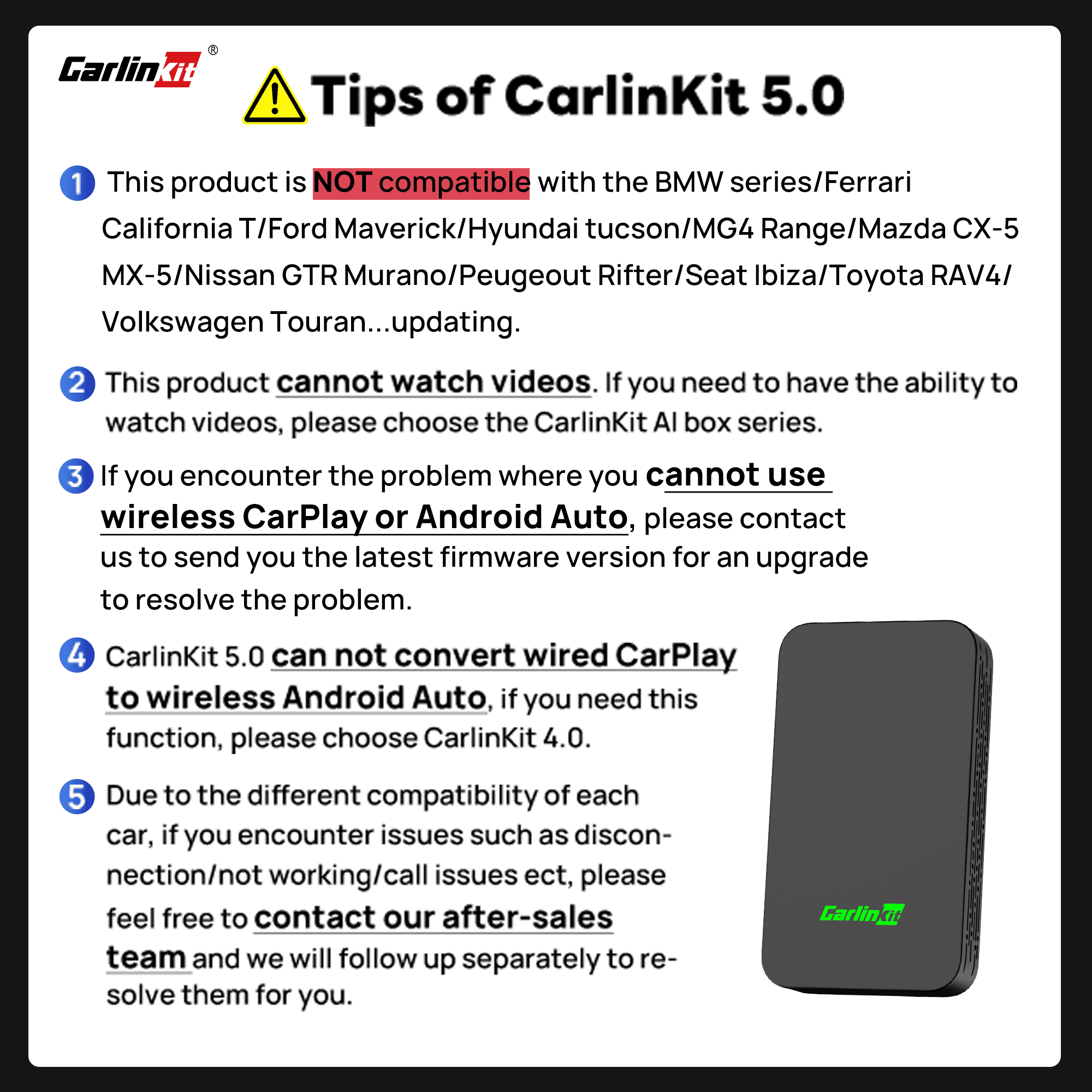 Carlinkit 5.0 Wireless Apple CarPlay and Android Auto Adapter, Plug and Play Dongle with 5.8GHz WiFi (Black, 1 Pack) 6xcf3