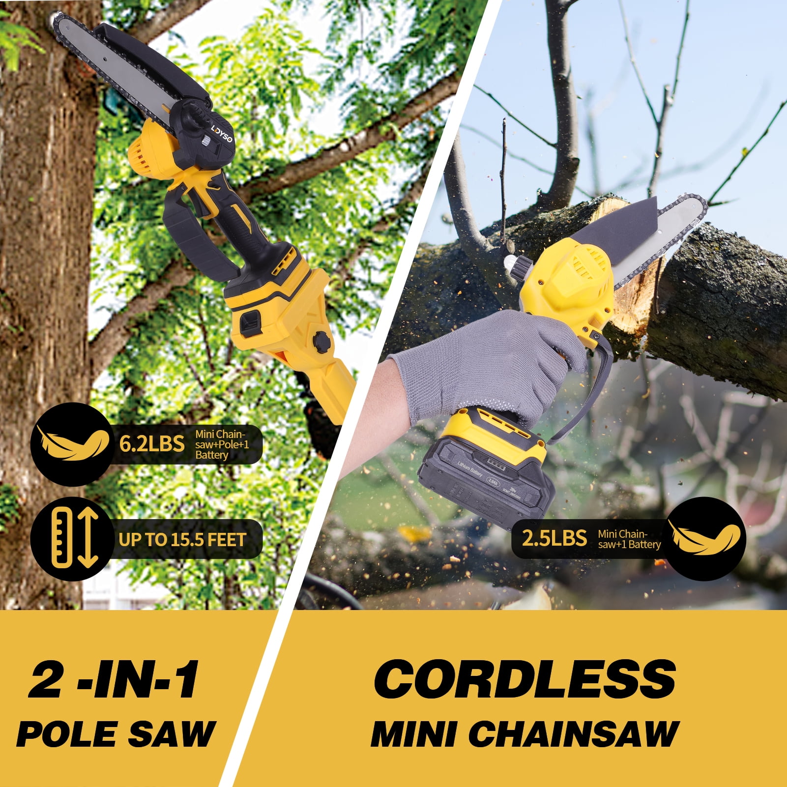 Ldyso 2-in-1 Cordless Pole Saw and Mini Chainsaw Set, Adjustable Extension Rod for Tree Trimming (Yellow, 15.5 ft) zp8m5