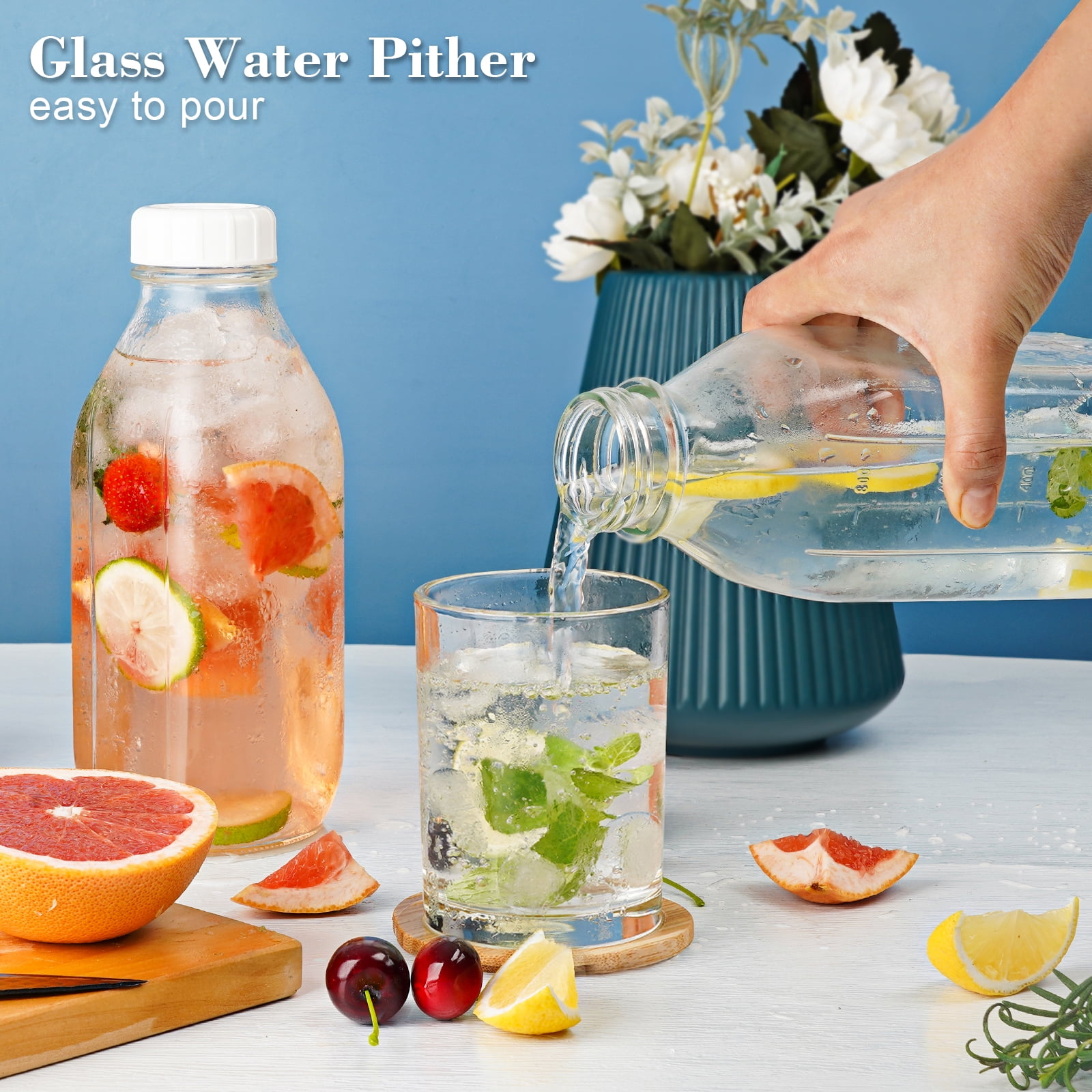 Syntic Reusable Glass Milk Pitcher with Dispenser Caps and Airtight Screw Lids (Clear, 32 oz, 2 Pack) 35oqr