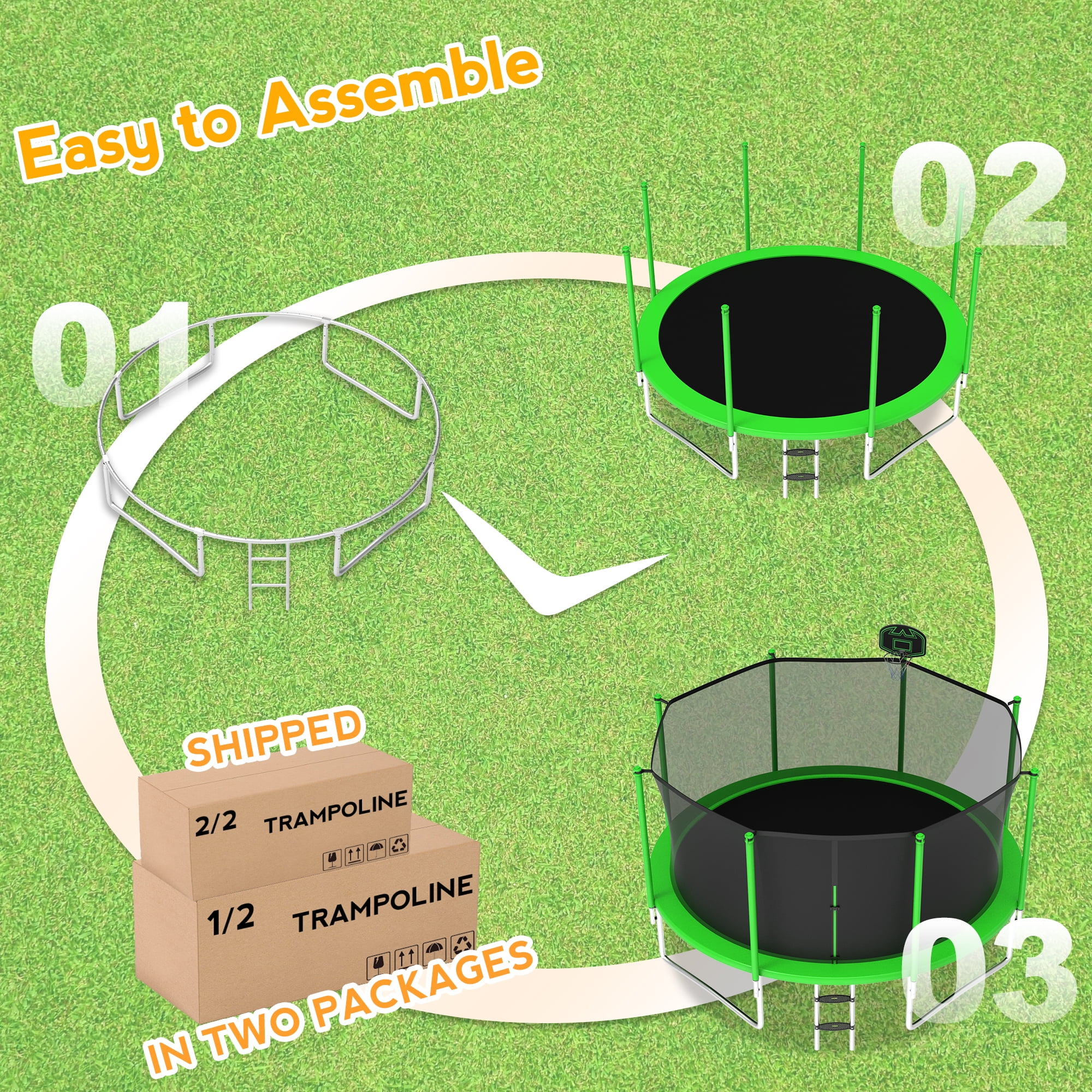 XMIKA Outdoor Recreational Trampoline with Enclosure Net, Basketball Hoop, and Ladder (Green, 14 ft) 72kfj