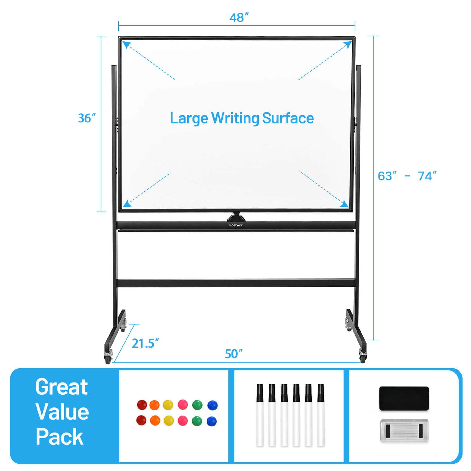 Costway Magnetic Double-Sided Reversible Whiteboard (White, 48 in x 36 in) 3m6us
