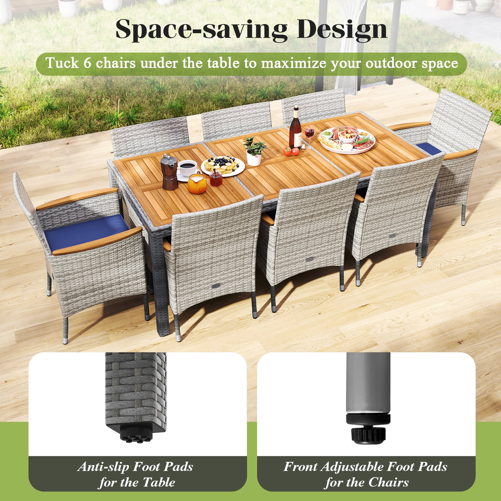 Gymax 9-Piece Patio PE Wicker Dining Set with Acacia Wood Table and Cushioned Chairs (Navy, 9-Piece Set) xmgz5