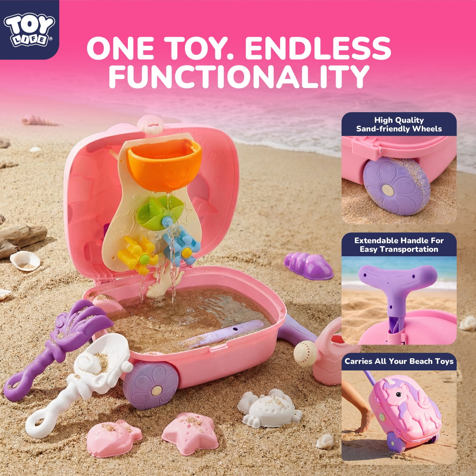 Toy Life Rolling Unicorn Sand Toy Set with Water Play Luggage (Pink, 8-Piece Set) z5nhs