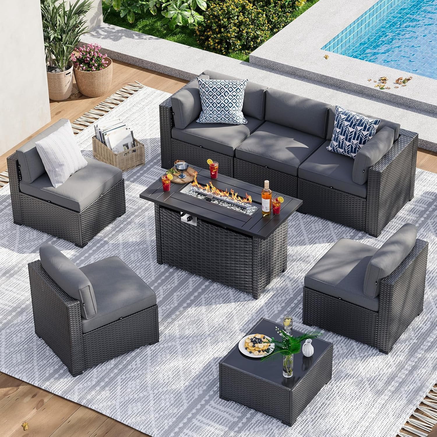 Aoxun 8-Piece Patio Furniture Set with 44 in Fire Pit Table, Wicker Rattan Sectional Sofa with Thickened Cushions (Grey) axdik