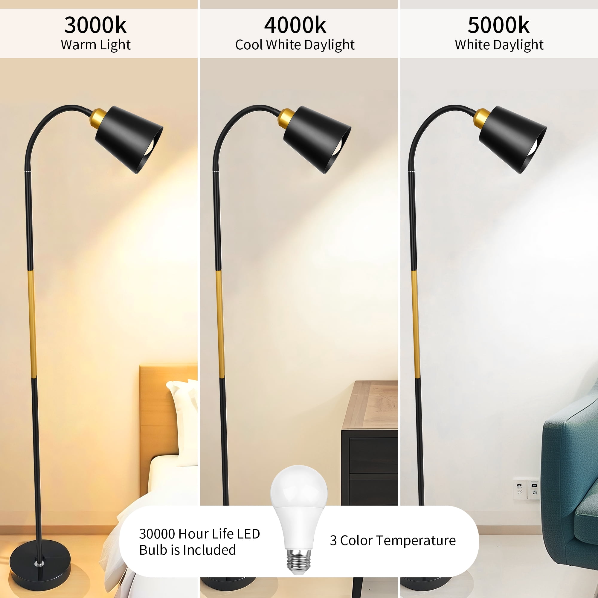 Meromore Adjustable Gooseneck Floor Lamp for Living Room with 3-Color LED Bulb (60 in) rus79