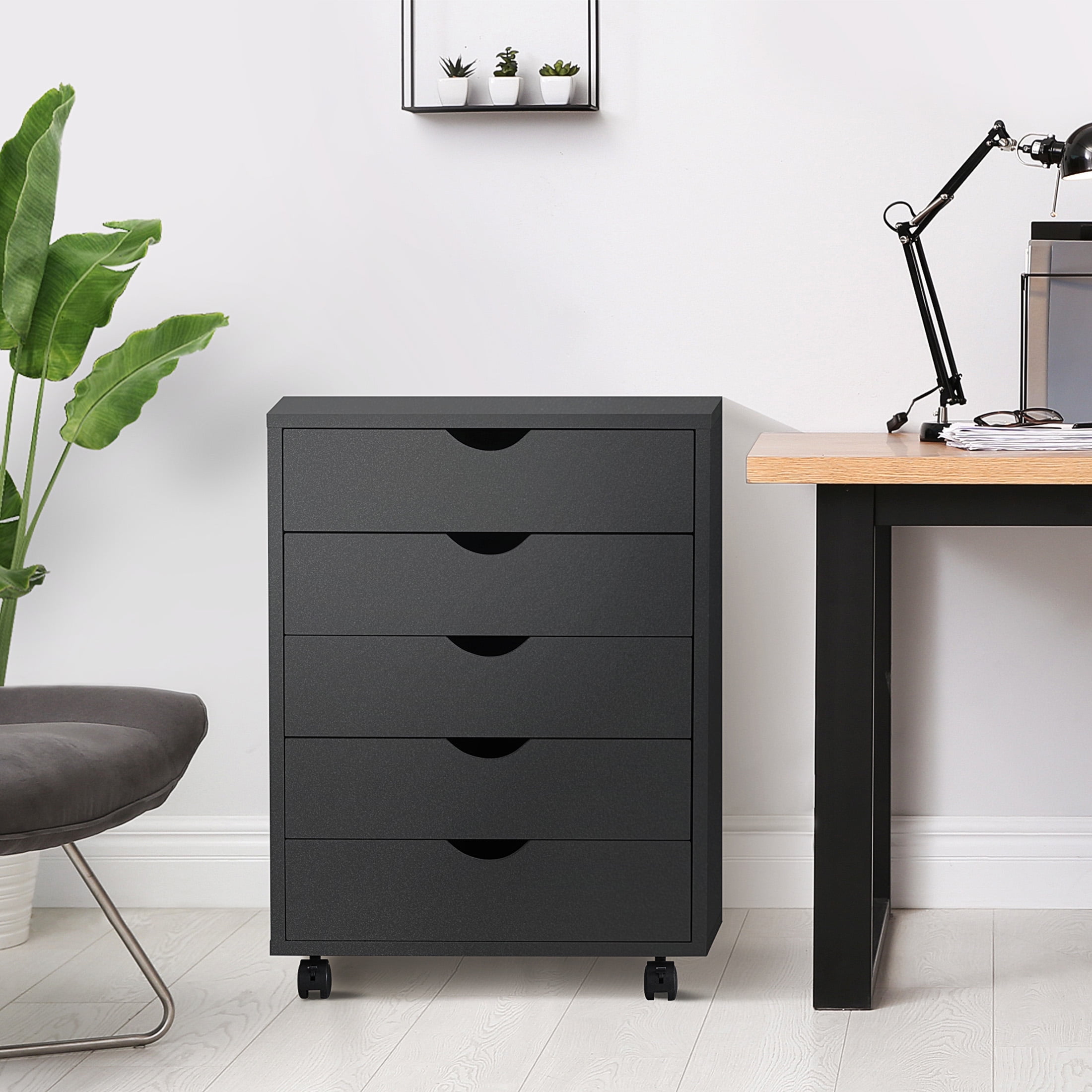 CONCETTA 5-Drawer File Cabinet, Lateral Filing Under Desk Storage Organizer with Wheels (Black) fj3lf