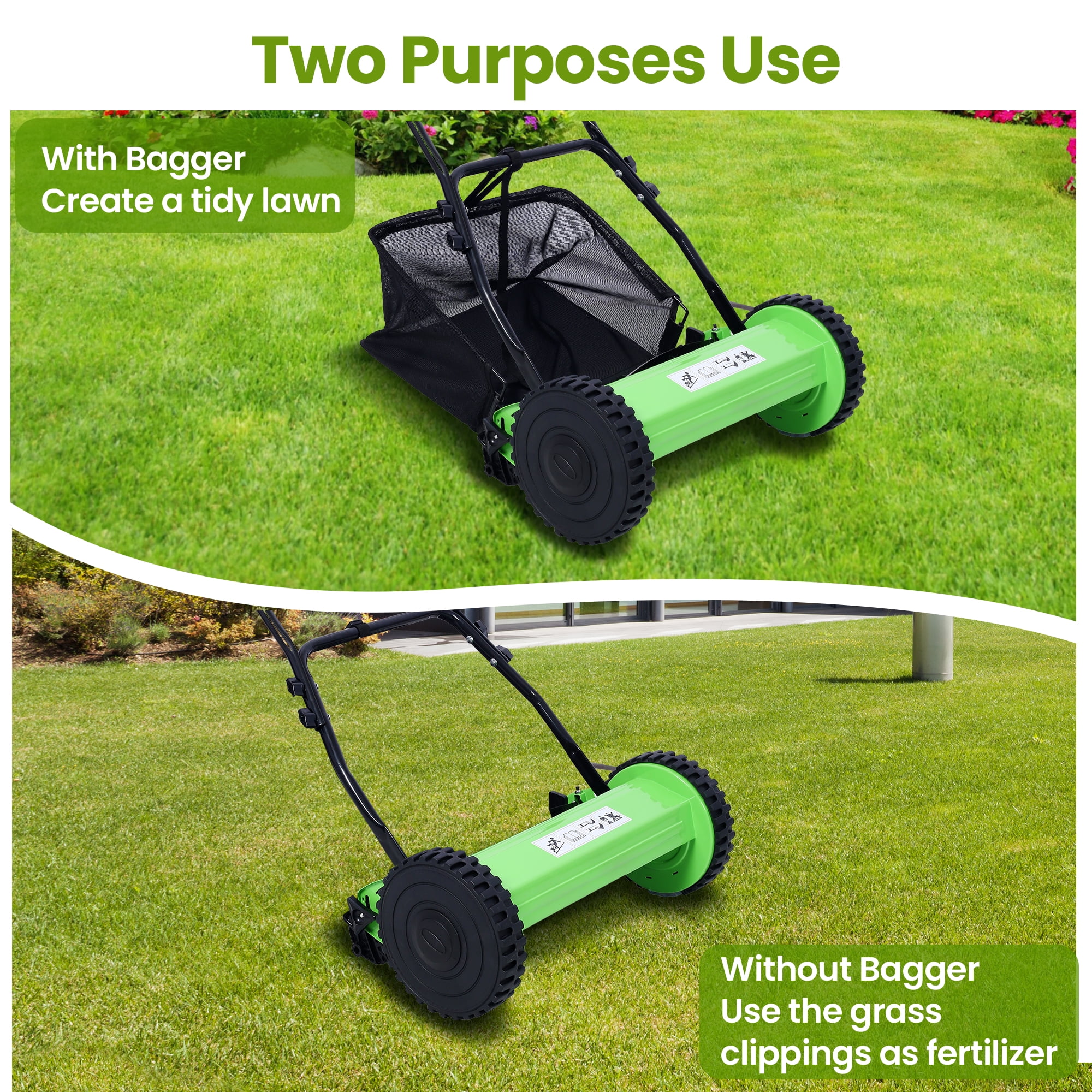 Seizeen 14-Inch Manual Reel Lawn Mower with Grass Catcher (5-Blade, Adjustable Height 0.6-1.8 in, Green) kbz66
