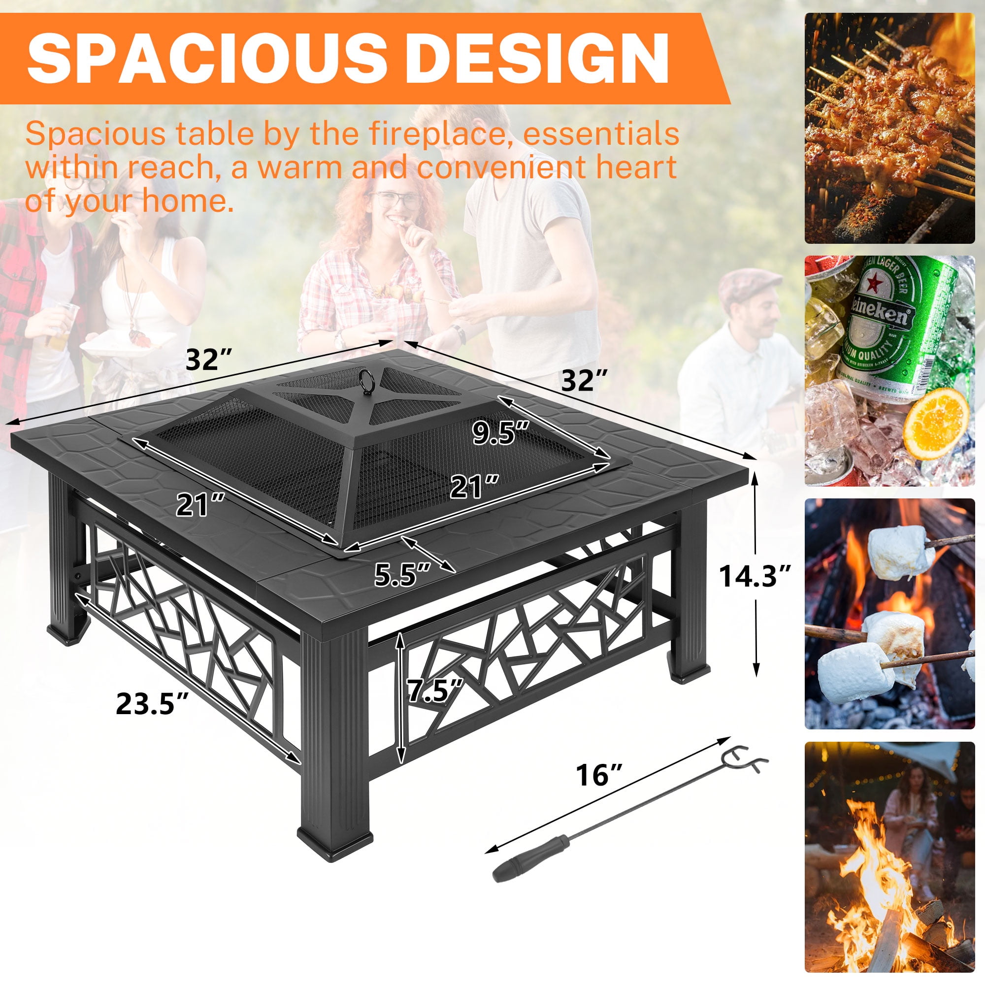 Segmart 32 in Square Outdoor Fire Pit with Spark Screen and Lid (Black, 32 in) 6juqy